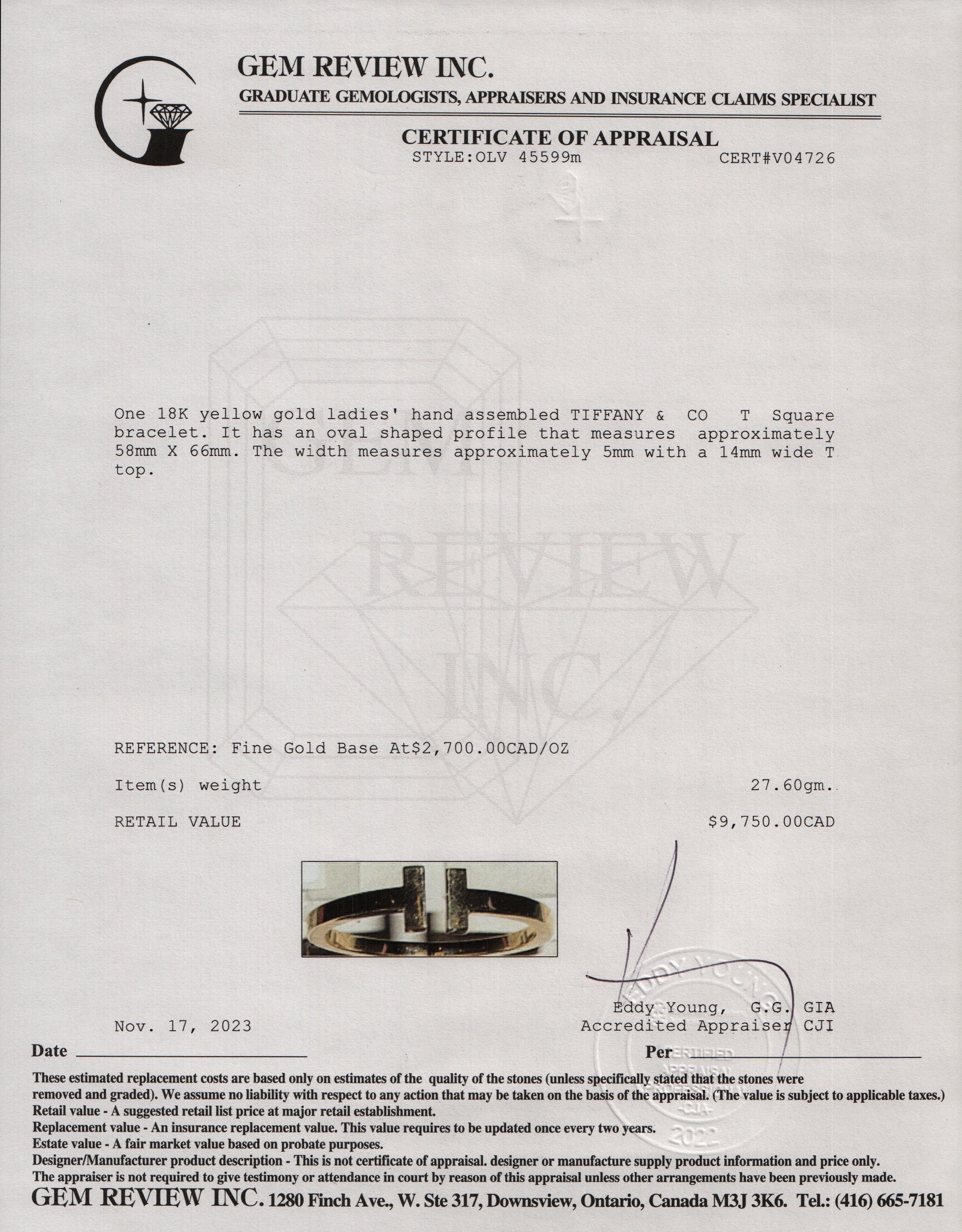 Tiffany & Co. 18k Yellow Gold T Square Bracelet w/ Box