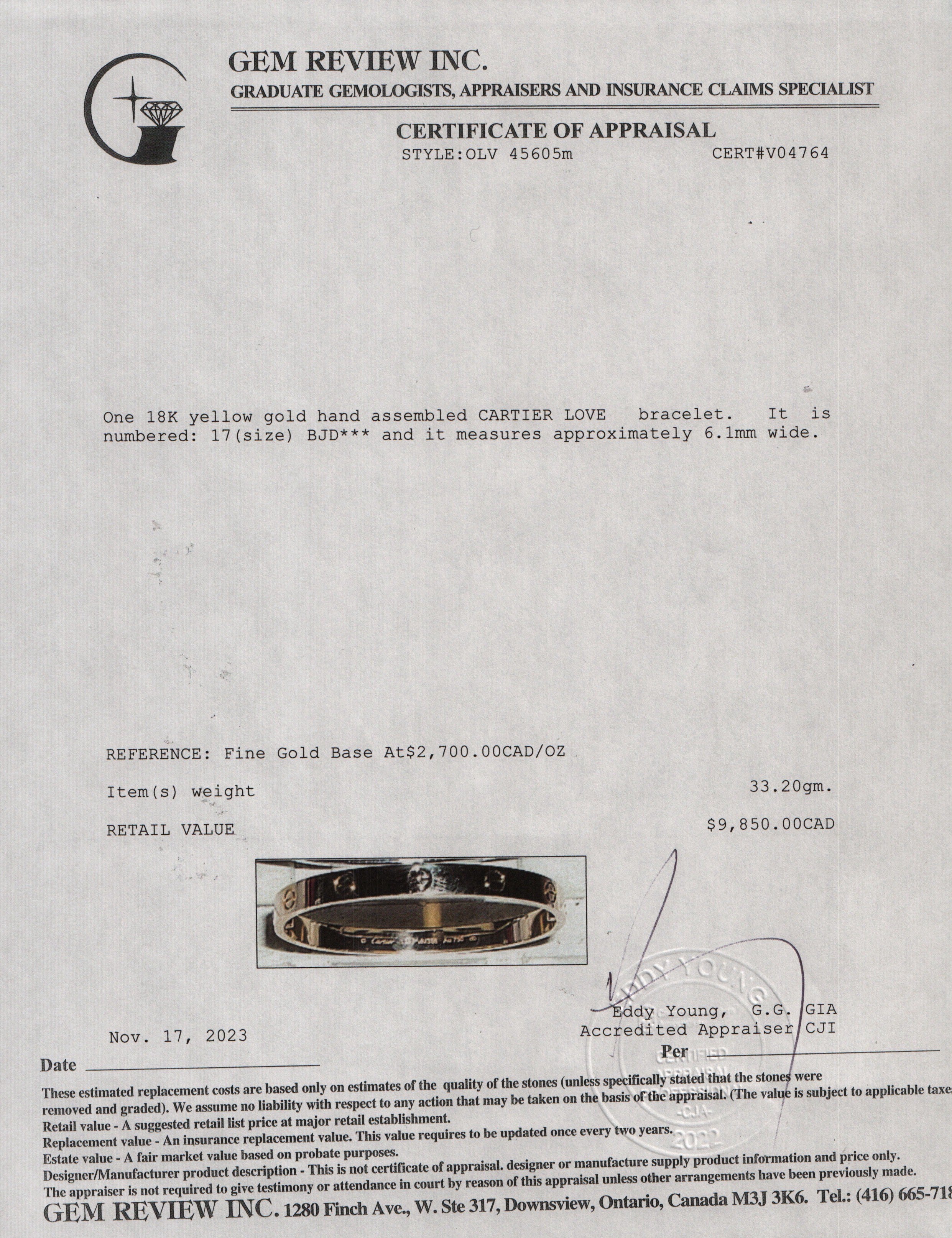 Cartier 18k Yellow Gold Love Bracelet, Size 17 w/ Box & Receipt