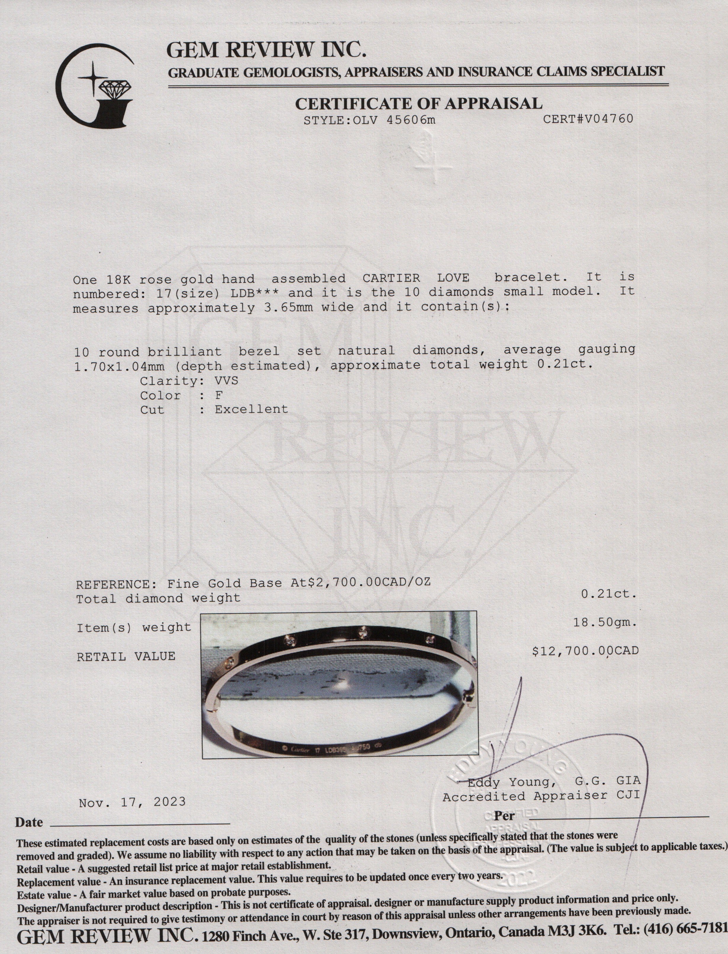 Cartier 18k Rose Gold 10 Diamond Love Bracelet, Small Model Size 17 w/ Box & Certificate