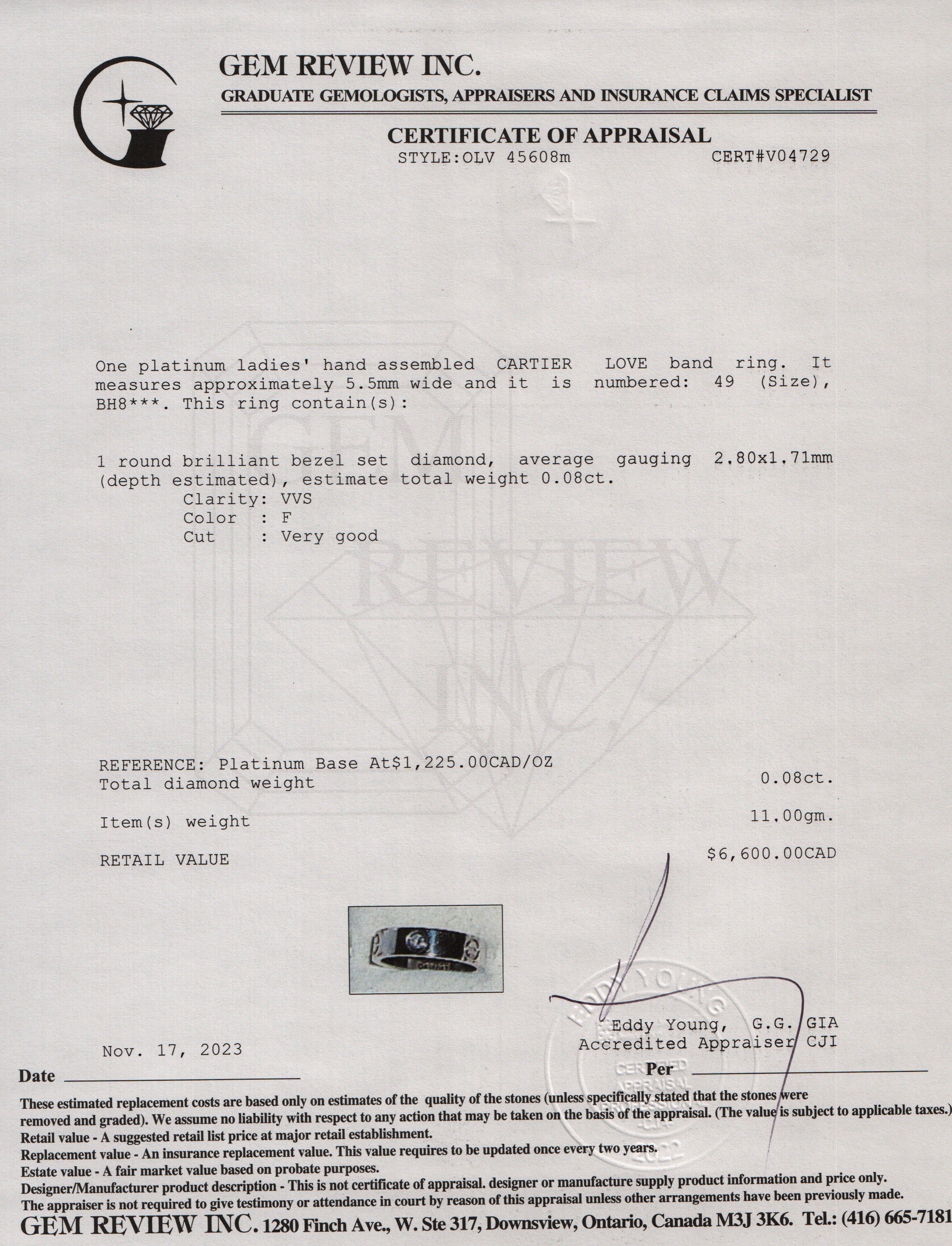 Cartier Platinum 1 Diamond 5.5MM Love Ring Size 49 5