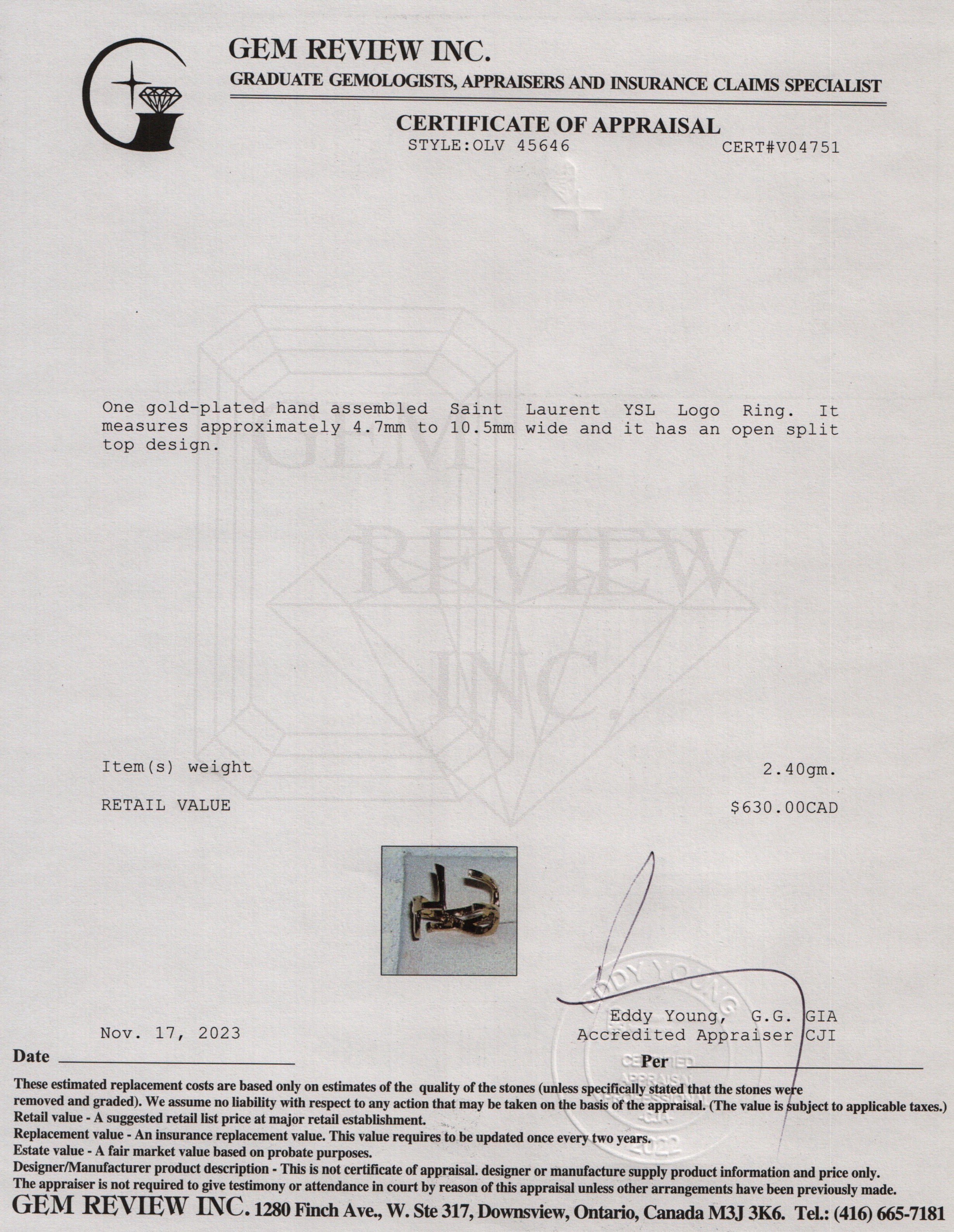 Saint Laurent Gold Plated YSL Logo Ring, Size 5