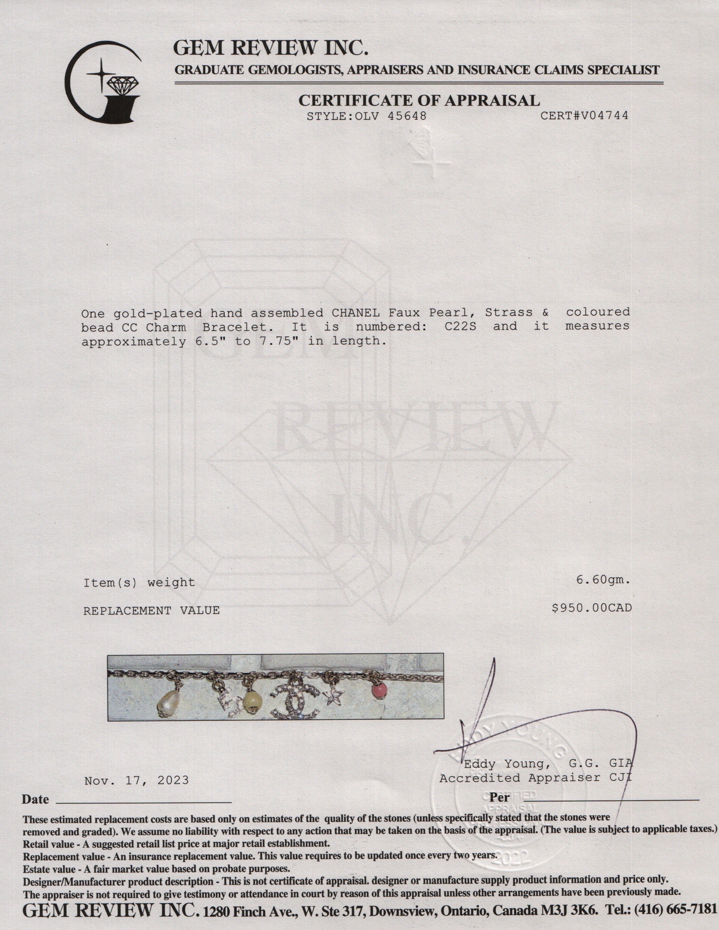 Chanel 2022 Gold Plated Faux Pearl, Strass & Bead CC Charm Bracelet w/ Box