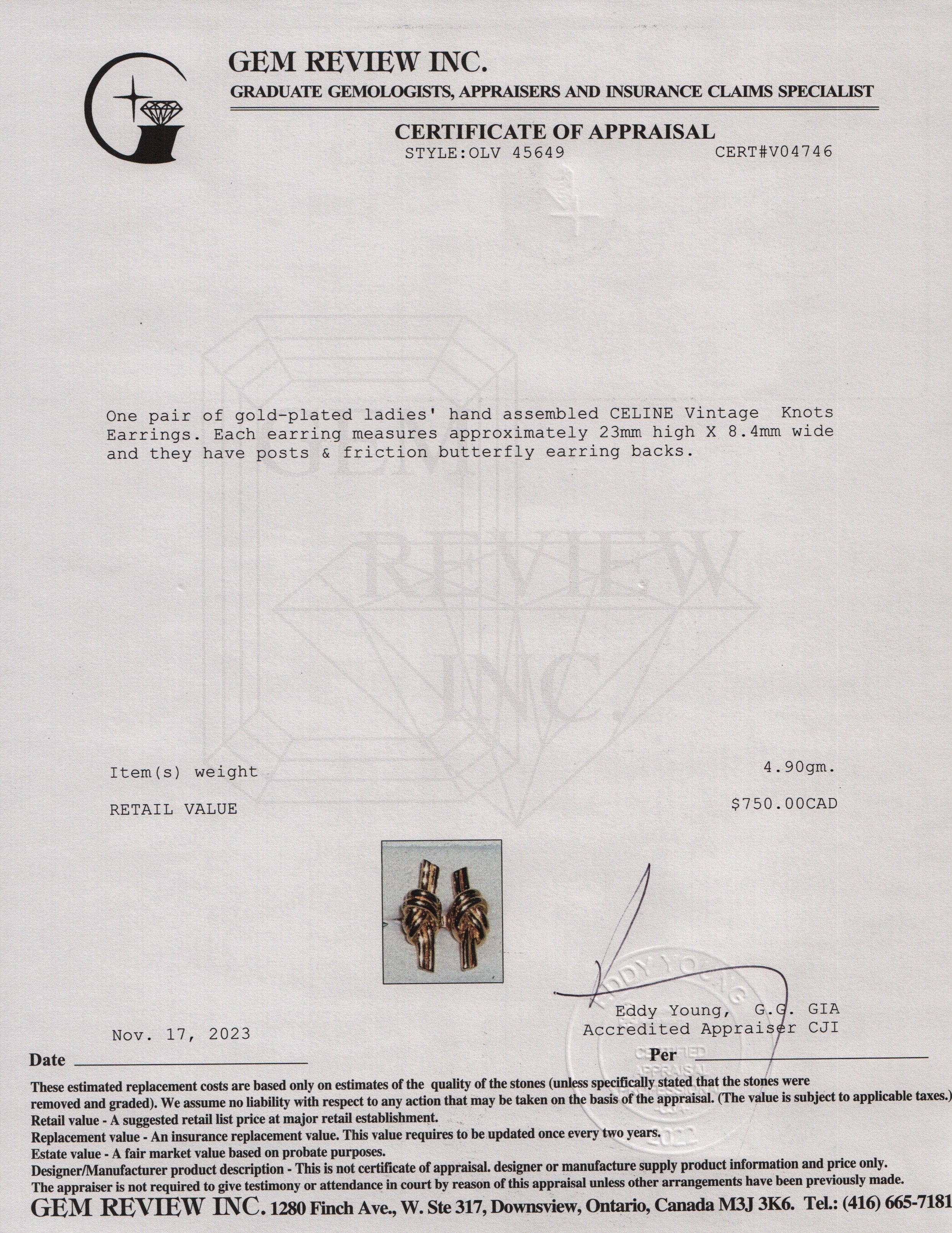 Celine Vintage Gold Plated Knot Earrings w/ Box