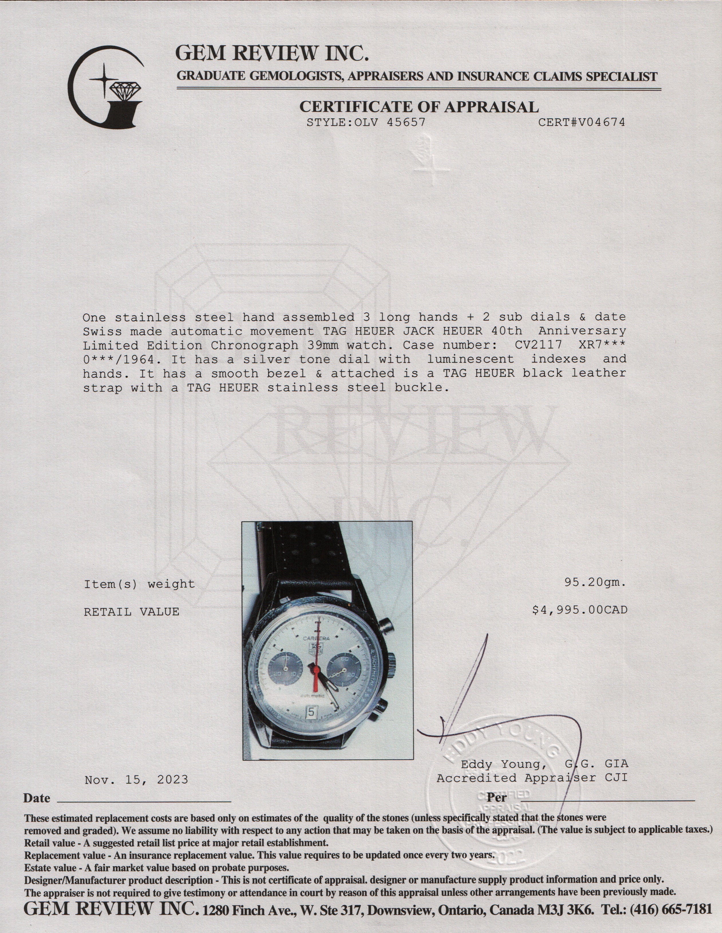 Tag Heuer Stainless Steel Jack Heuer 40th Anniversary Limited Edition Carrera Calibre 17 39 MM Automatic Chronograph Watch w/ Case