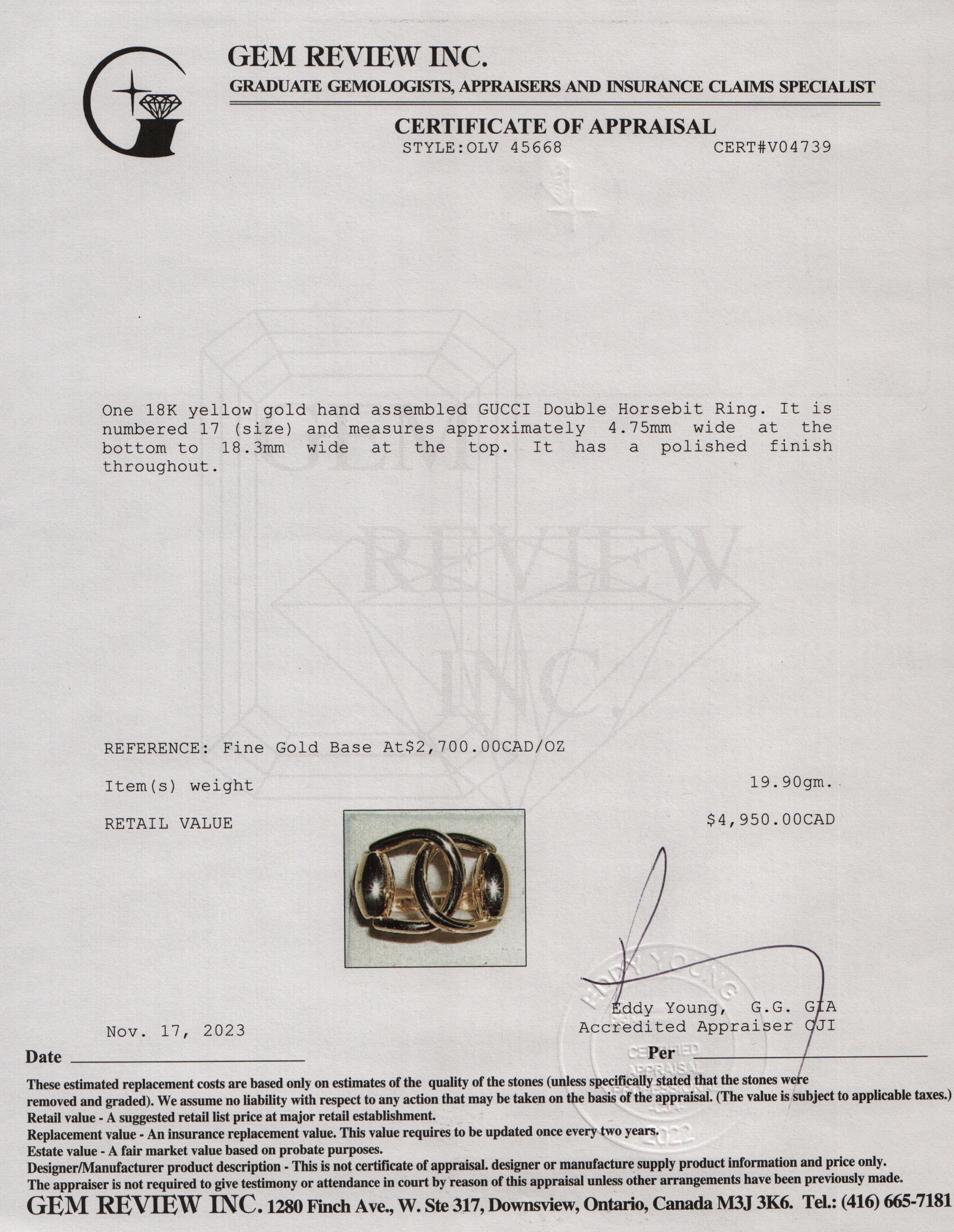 Gucci 18k Yellow Gold Double Horsebit Ring, Size 17 6.5 w/ Box