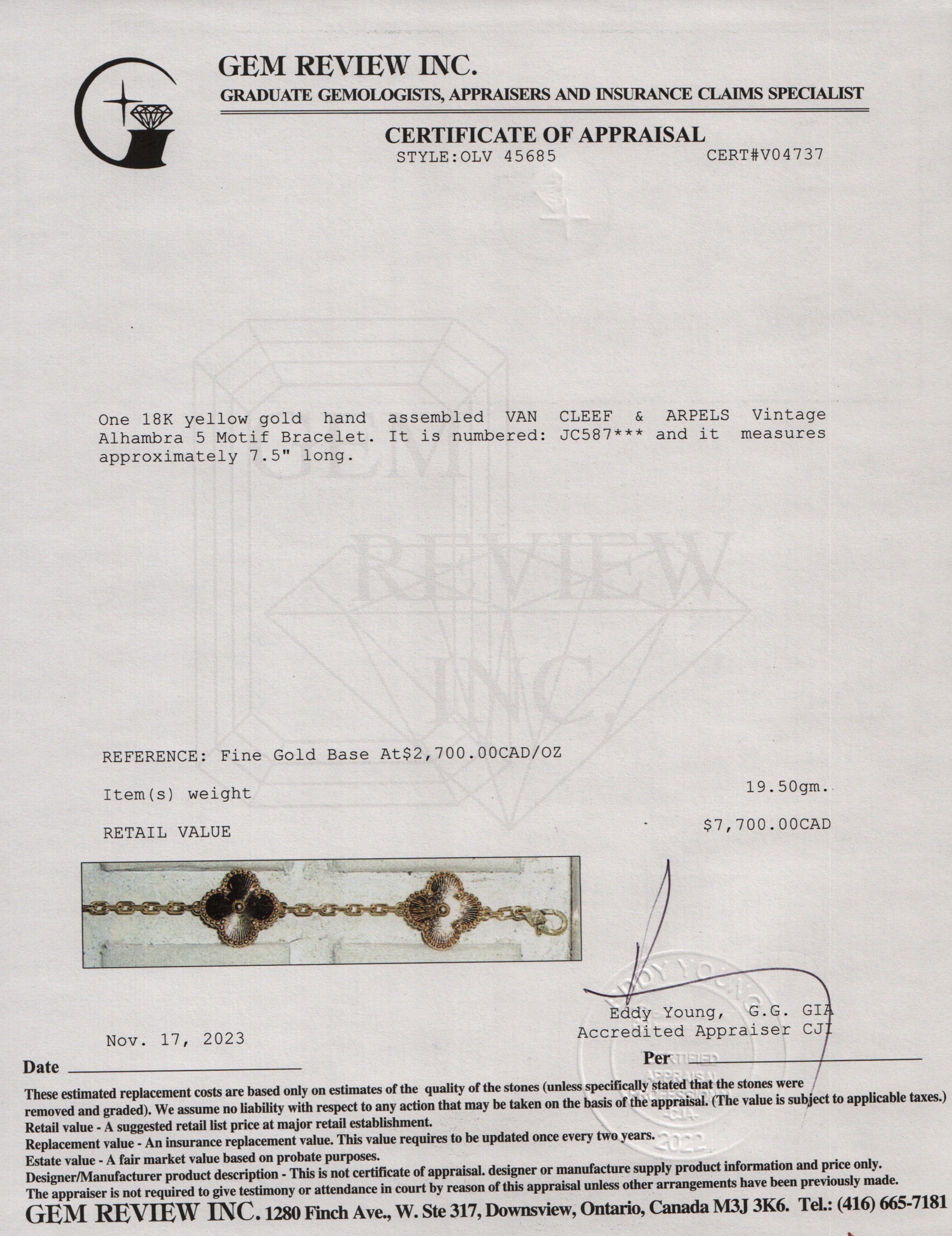 Van Cleef & Arpels 18k Yellow Gold Vintage Alhambra 5 Motif Bracelet w/ Box & Certificate