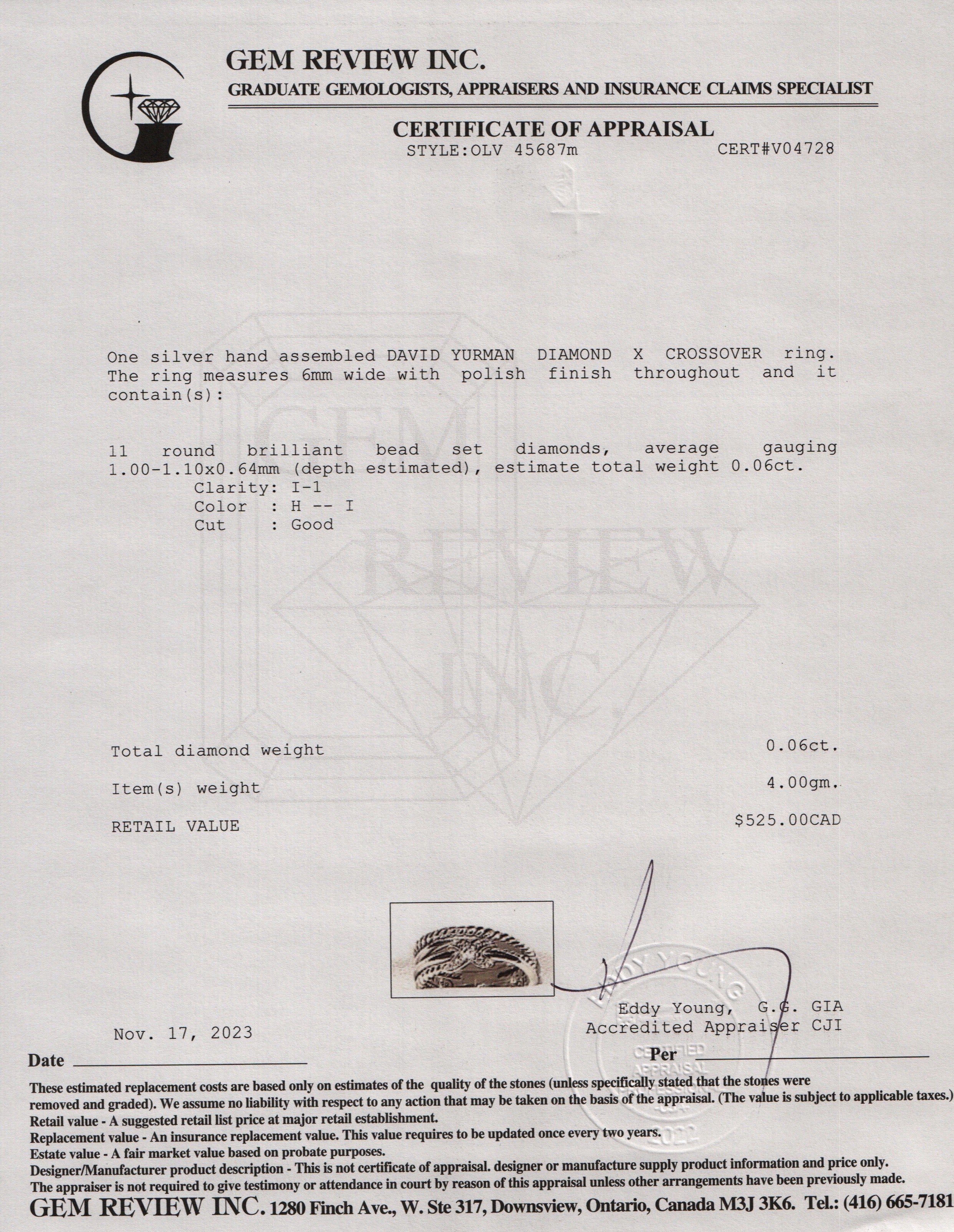 David Yurman Sterling Silver Diamond 'X' Crossover Ring, Size 6.75