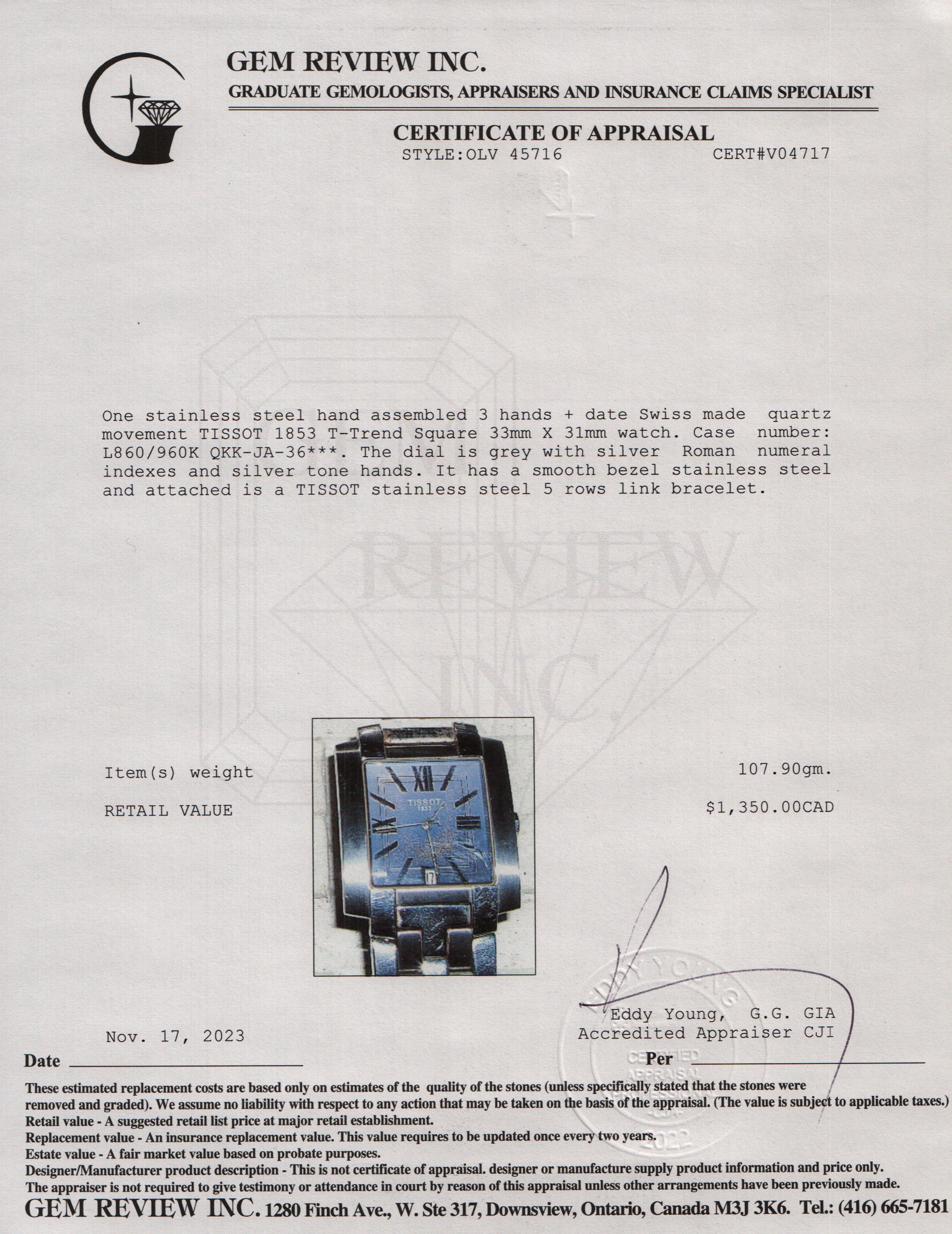 Tissot Stainless Steel 1853 T-Trend Square TXL Watch