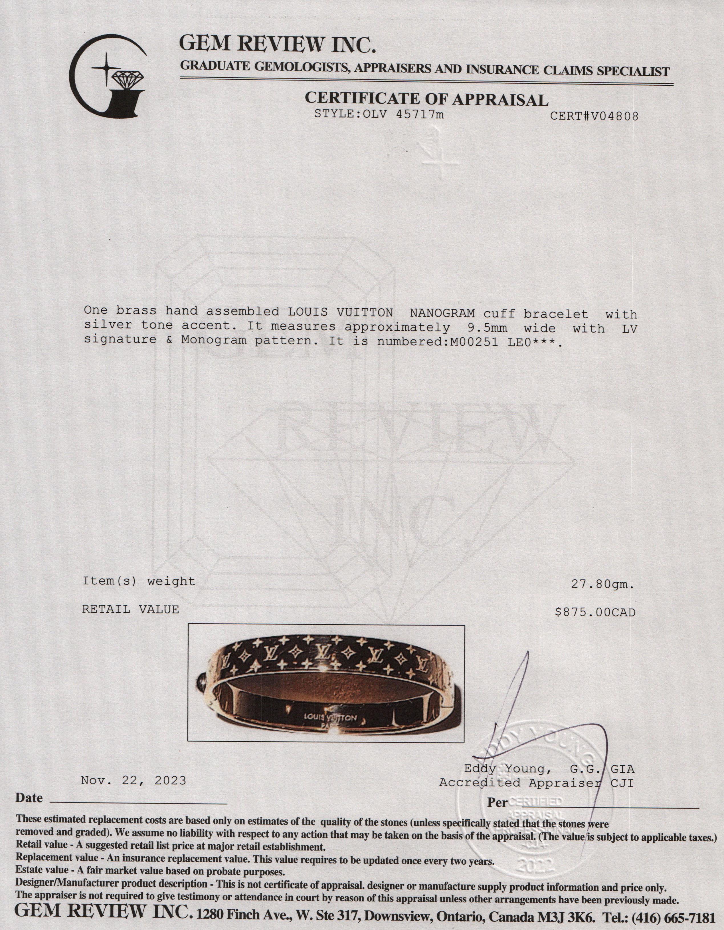 Louis Vuitton Gold Monogram Brass Nanogram Cuff Bracelet