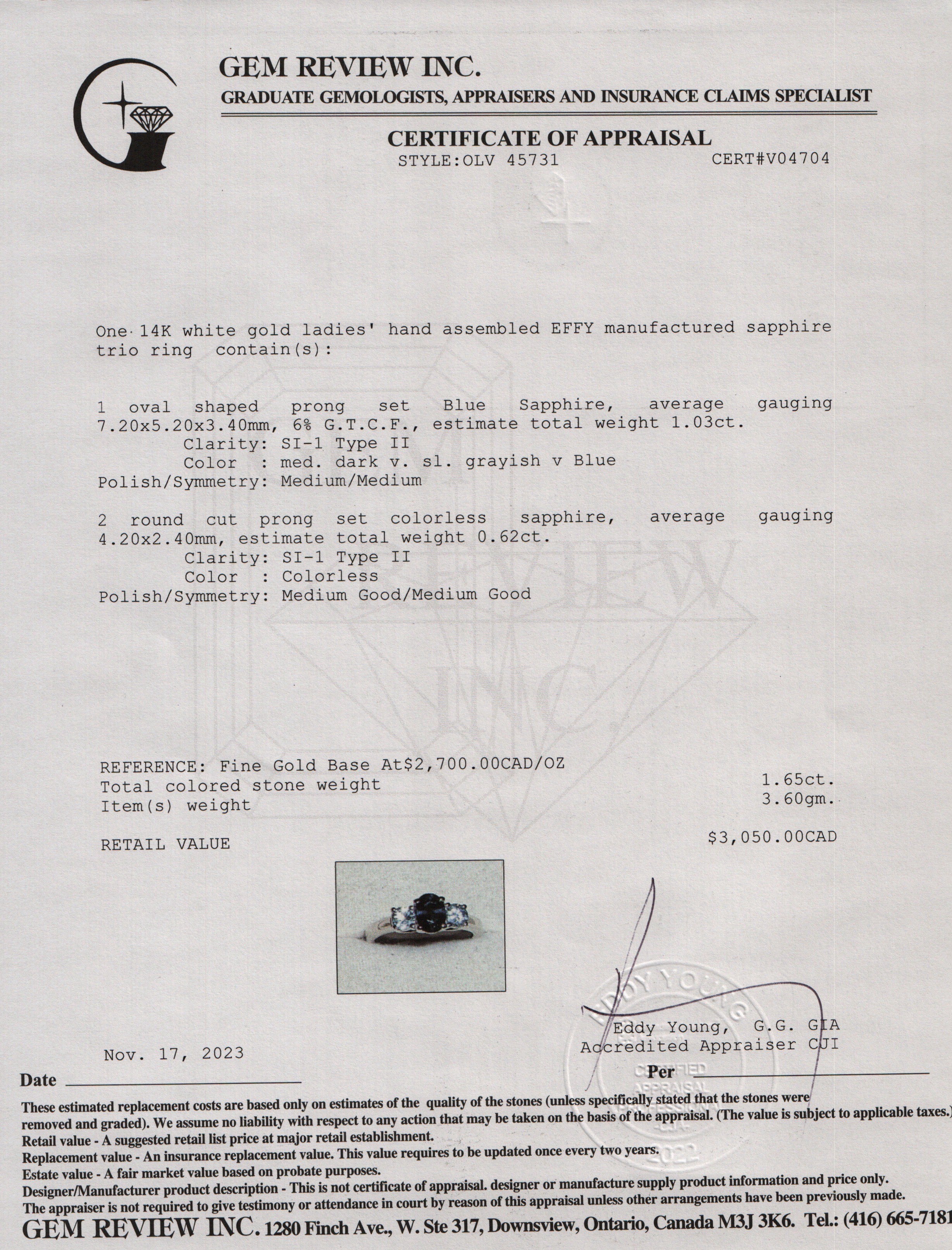 Effy 14k White Gold Blue & White Three Stone Sapphire Ring, Size 7.25