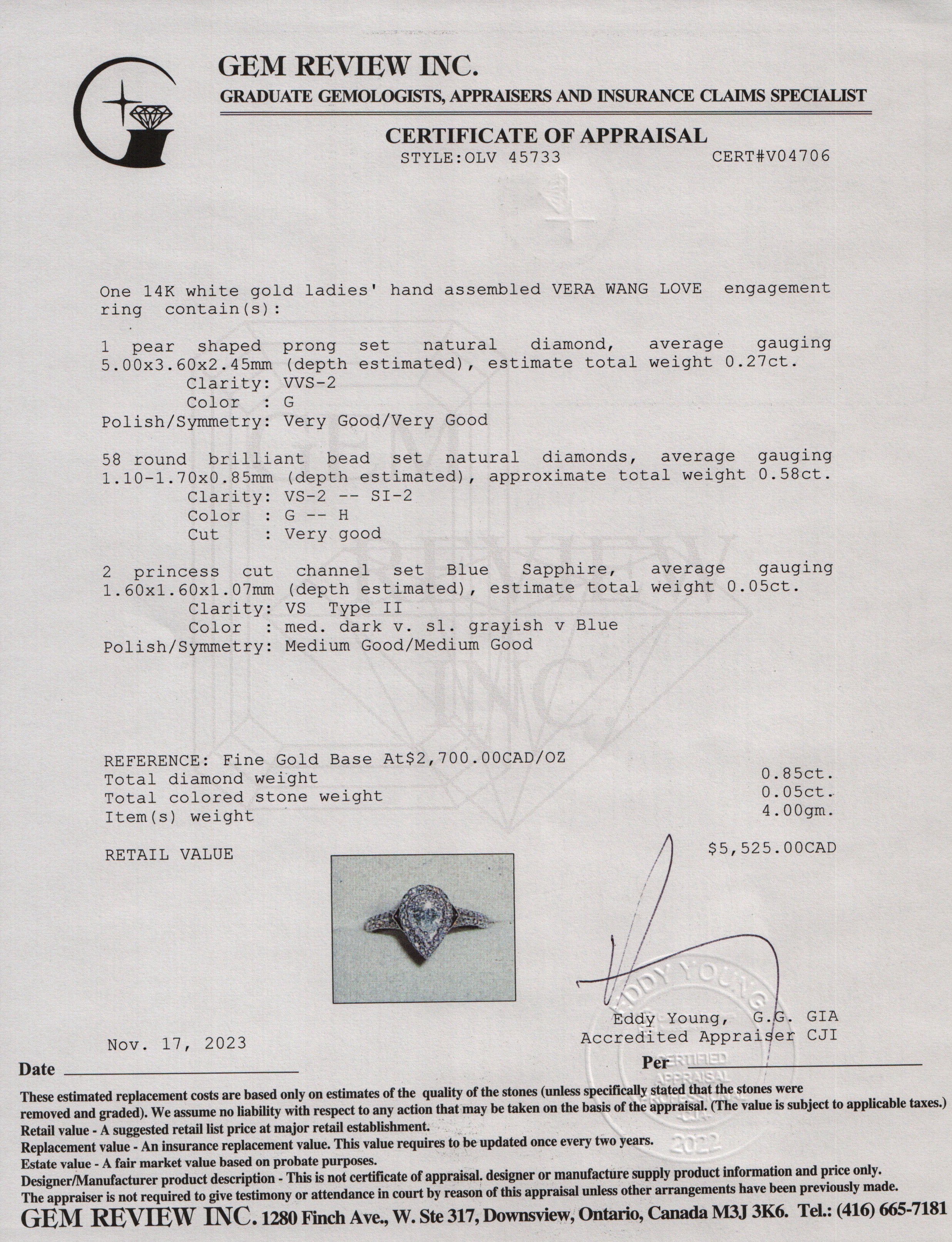 Vera Wang 14k White Gold Love Pear Shaped Diamond Engagement Ring, Size 6.75 w/ Box