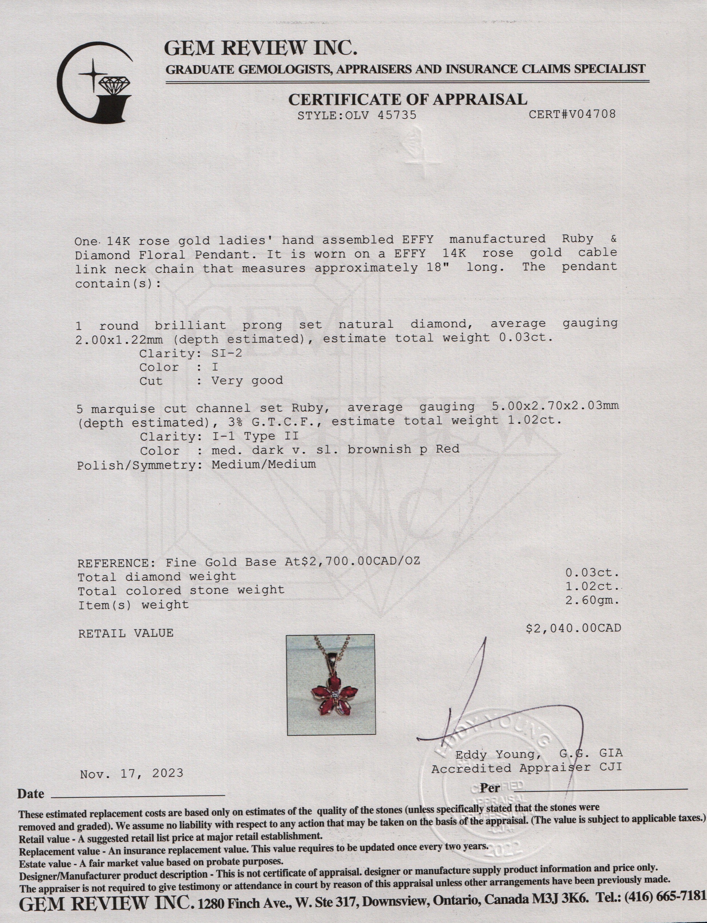 Effy 14k Rose Gold Ruby & Diamond Floral Pendant Necklace