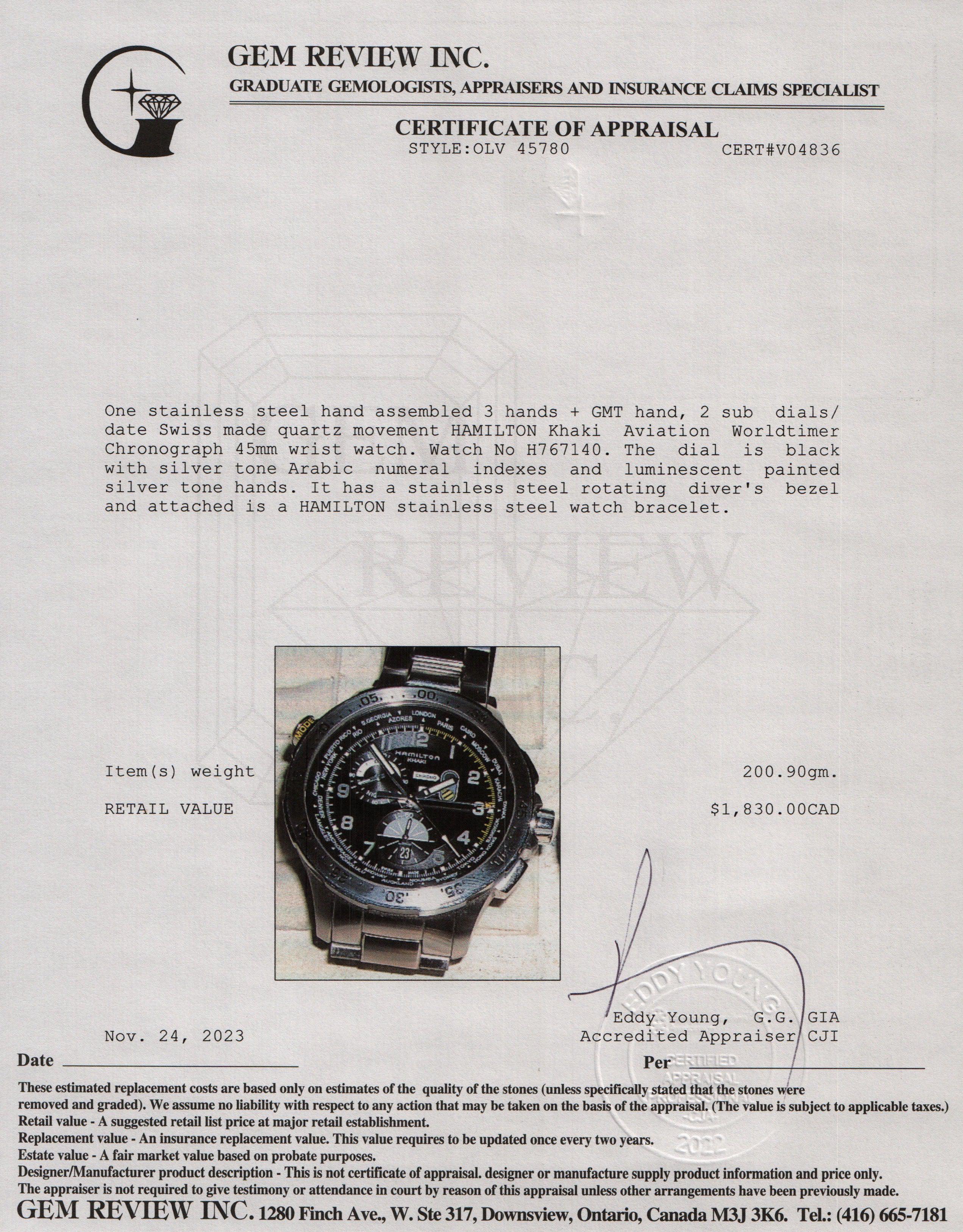 Hamilton Stainless Steel Khaki Aviation Worldtimer Chronograph 45 MM Watch w/ Case