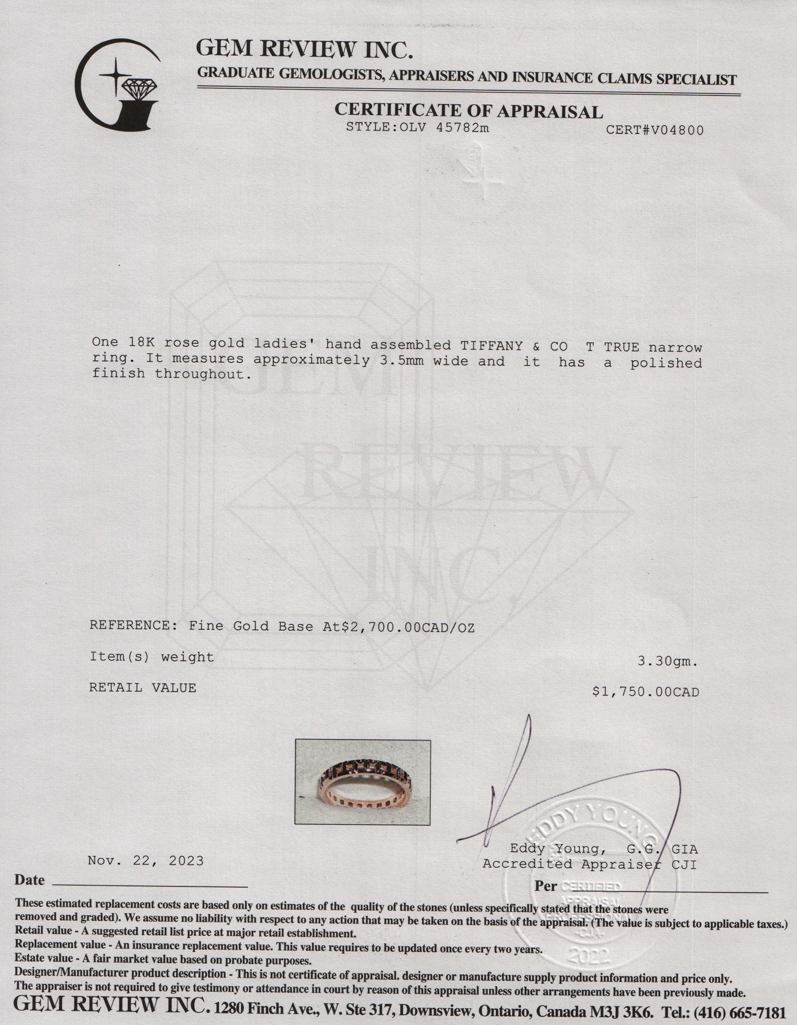 Tiffany & Co. 18k Rose Gold T True Narrow Ring, Size 6