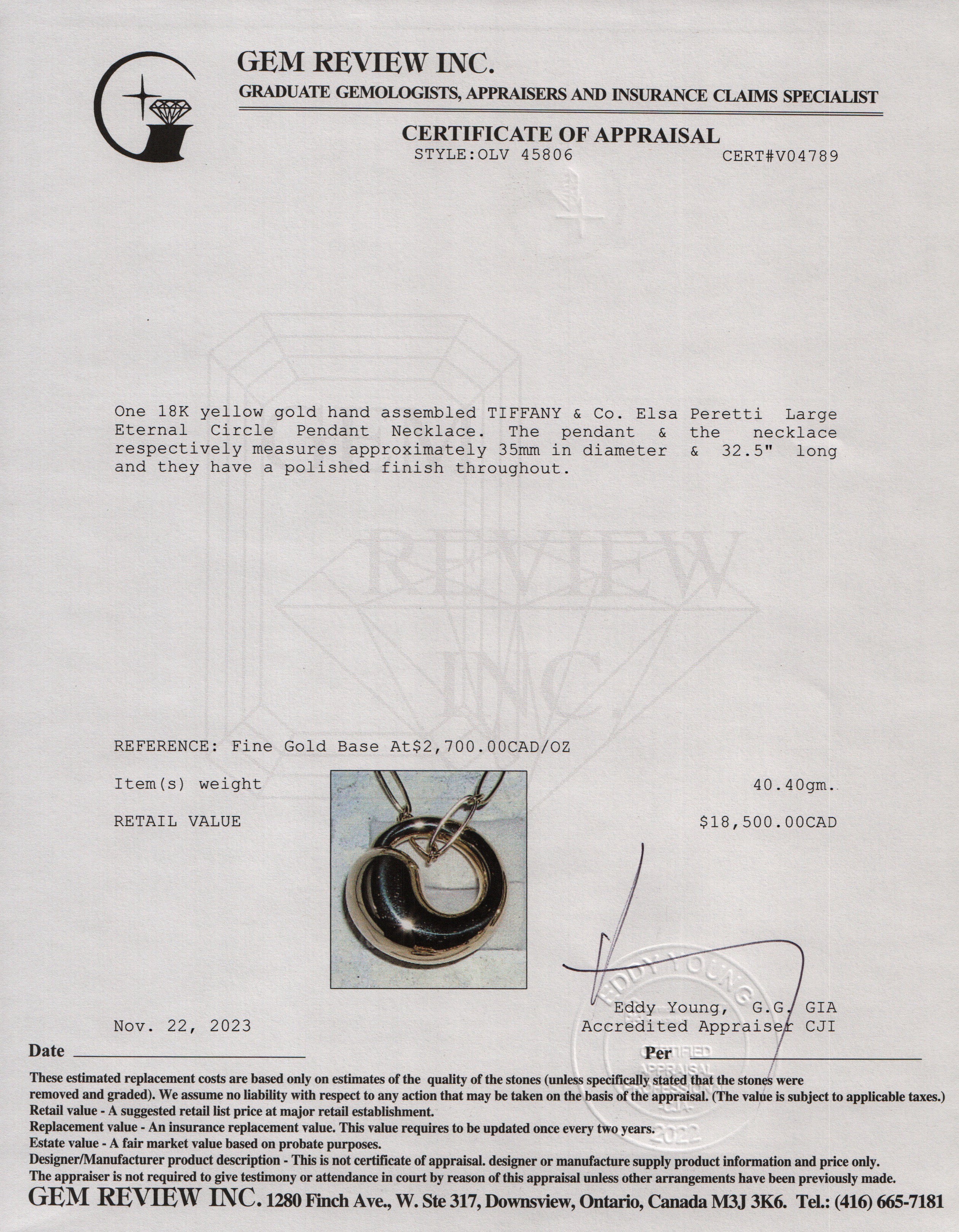 Tiffany & Co. Elsa Peretti 18k Yellow Gold Large 35MM Eternal Circle Pendant Necklace