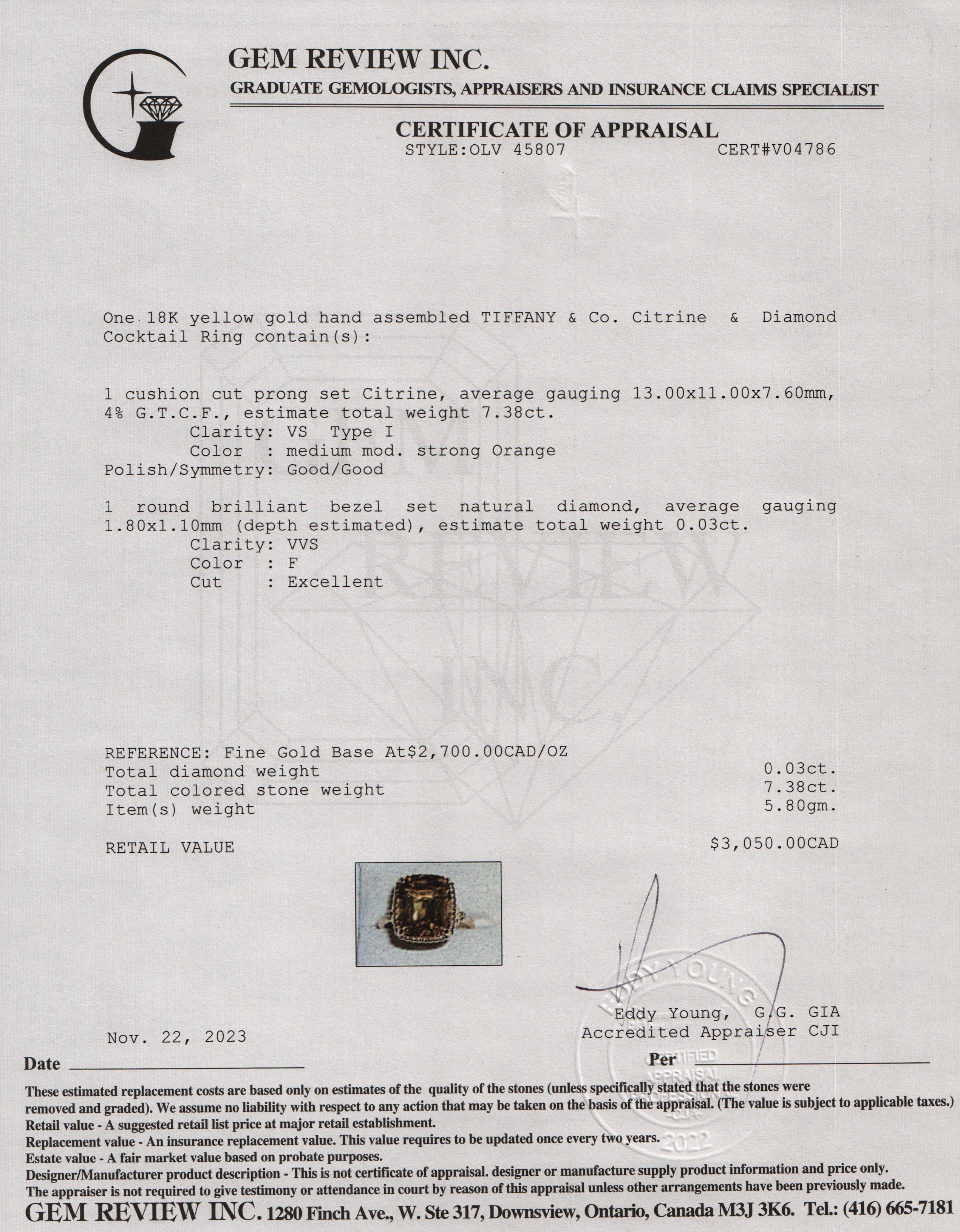 Tiffany & Co. 18k Yellow Gold Citrine & Diamond Cocktail Ring, Size 7