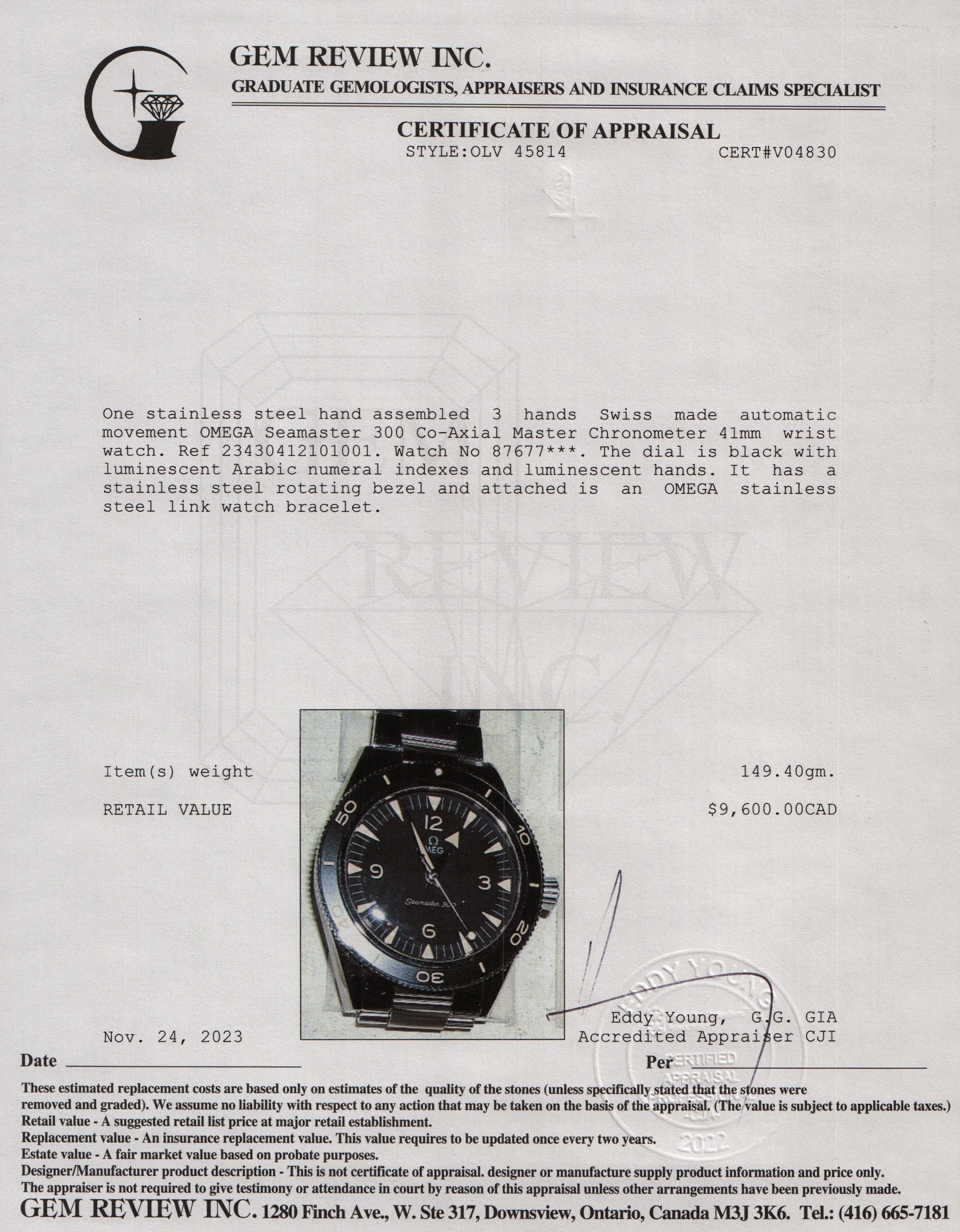 Omega Stainless Steel Seamaster 300 Co-Axial Master Chronometer 41MM Automatic Watch w/ Box & Papers