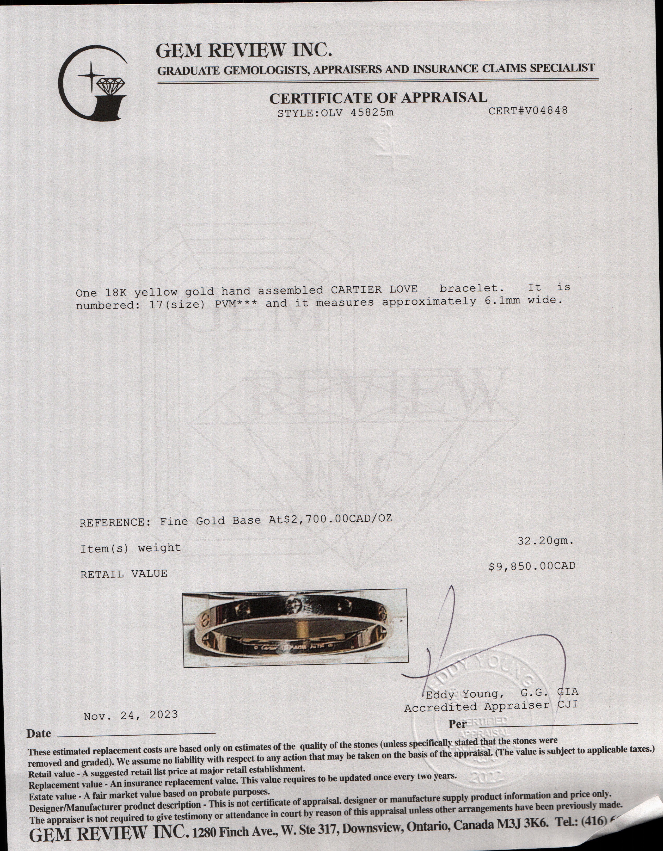 Cartier 18k Yellow Gold Love Bracelet, Size 17