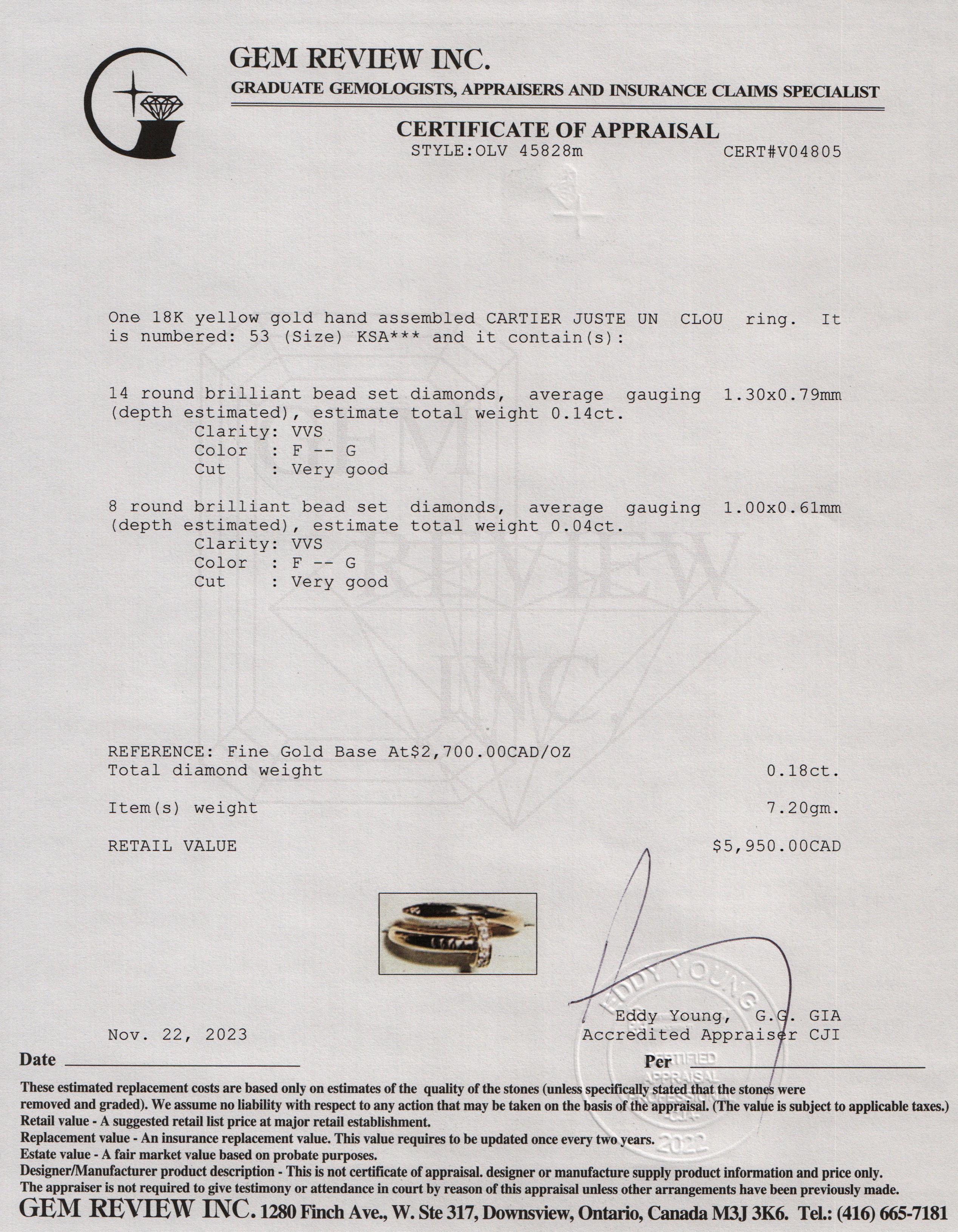 Cartier 18k Yellow Gold Diamond Juste Un Clou Ring, Size 53 6.25