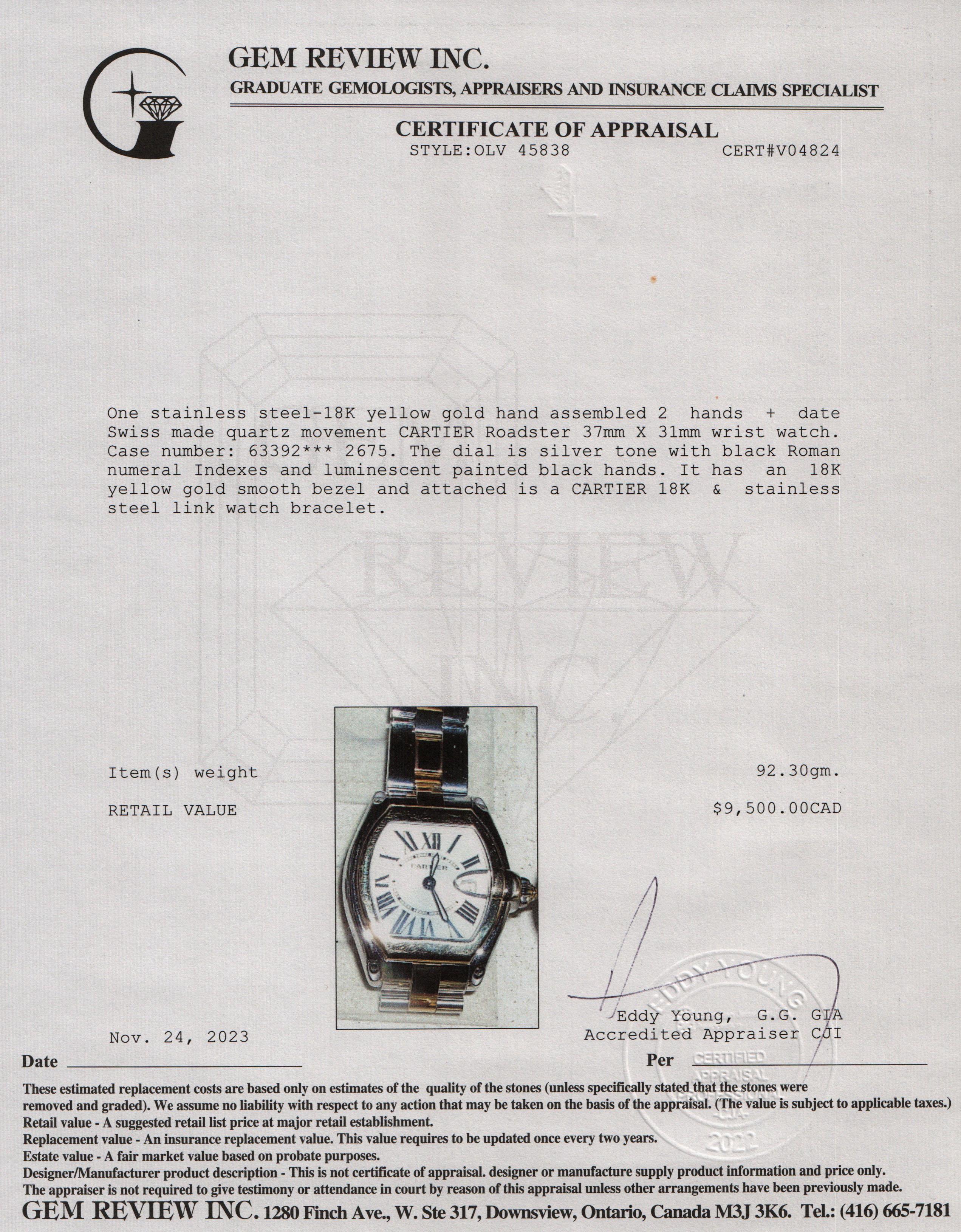 Cartier Stainless Steel & 18k Yellow Gold Roadster 31MM Quartz Watch w/ Box, Extra Strap & Papers