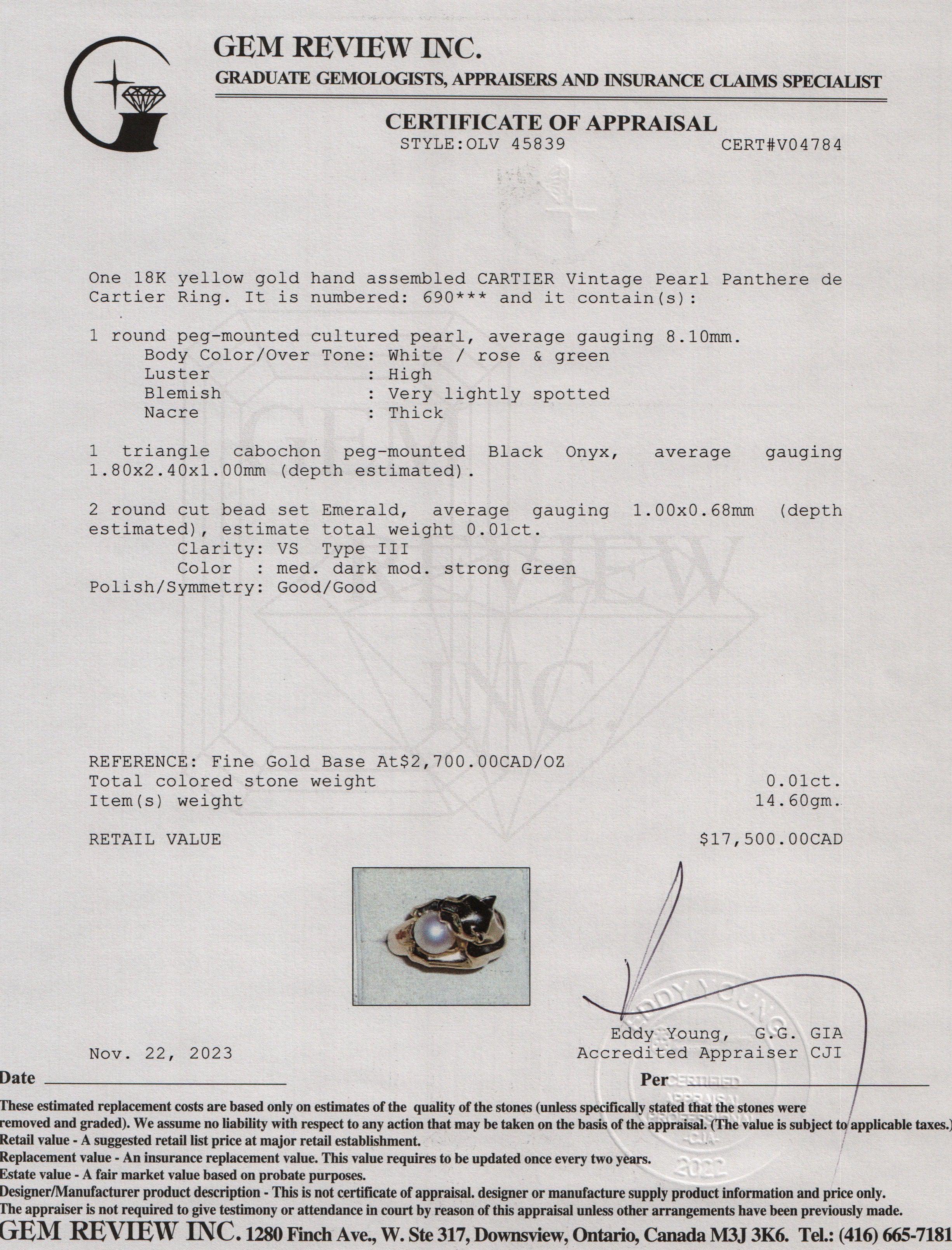 Cartier Vintage 18k Yellow Gold Pearl Panthere de Cartier Ring, Size 6.75