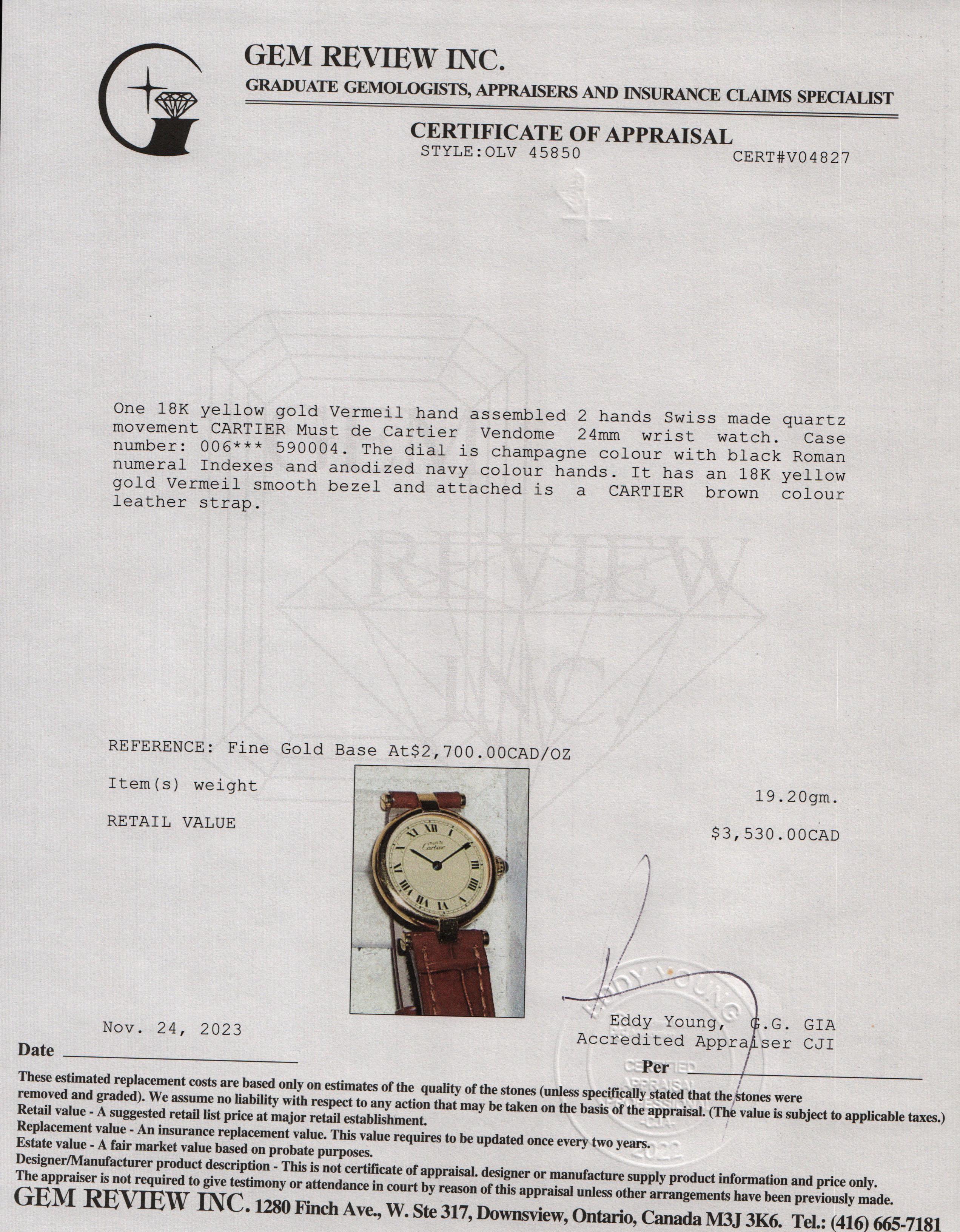 Cartier 18k Gold Vermeil Must De Cartier Vendome 24MM Watch w/ Box & Papers