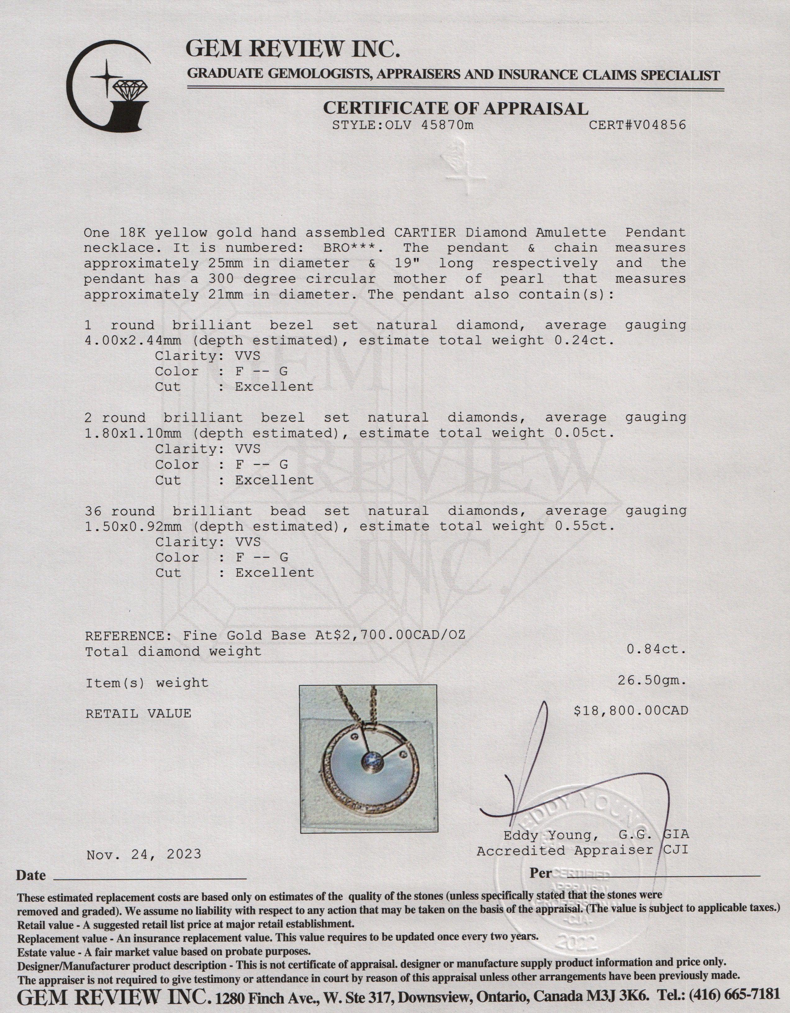 Cartier 18k Yellow Gold Diamond Amulette de Cartier Mother of Pearl Large Pendant Necklace w/ Box