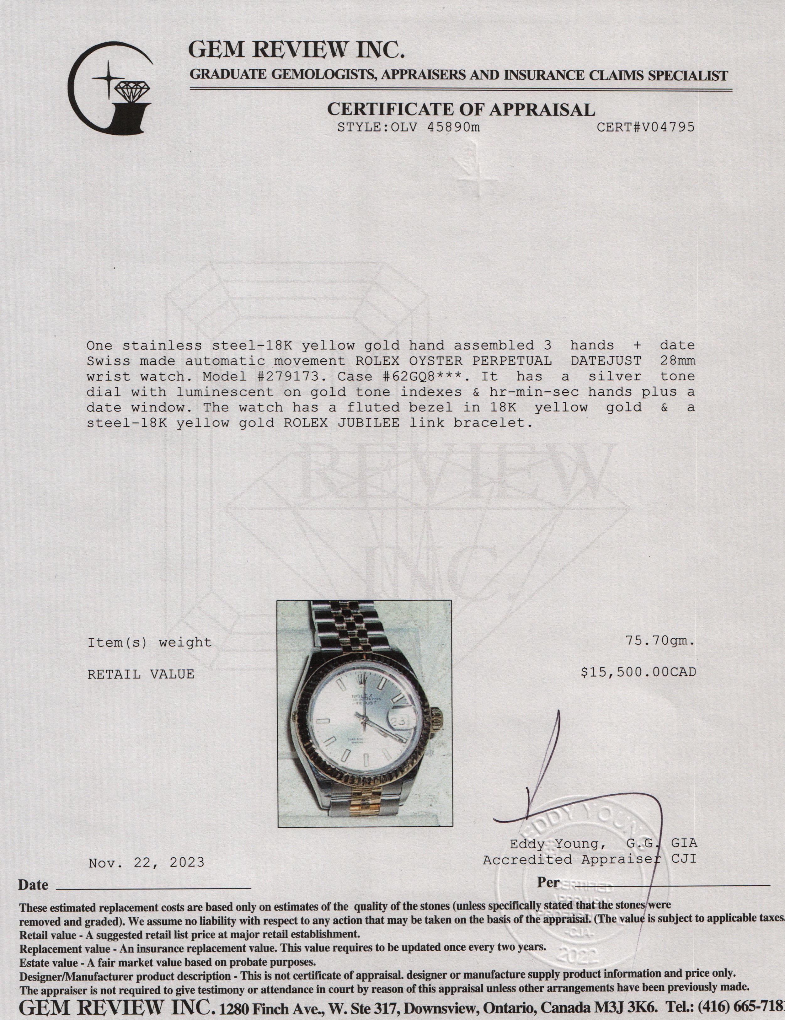 Rolex Stainless Steel & 18k Yellow Gold Datejust 28 MM Watch w/ Box & Papers