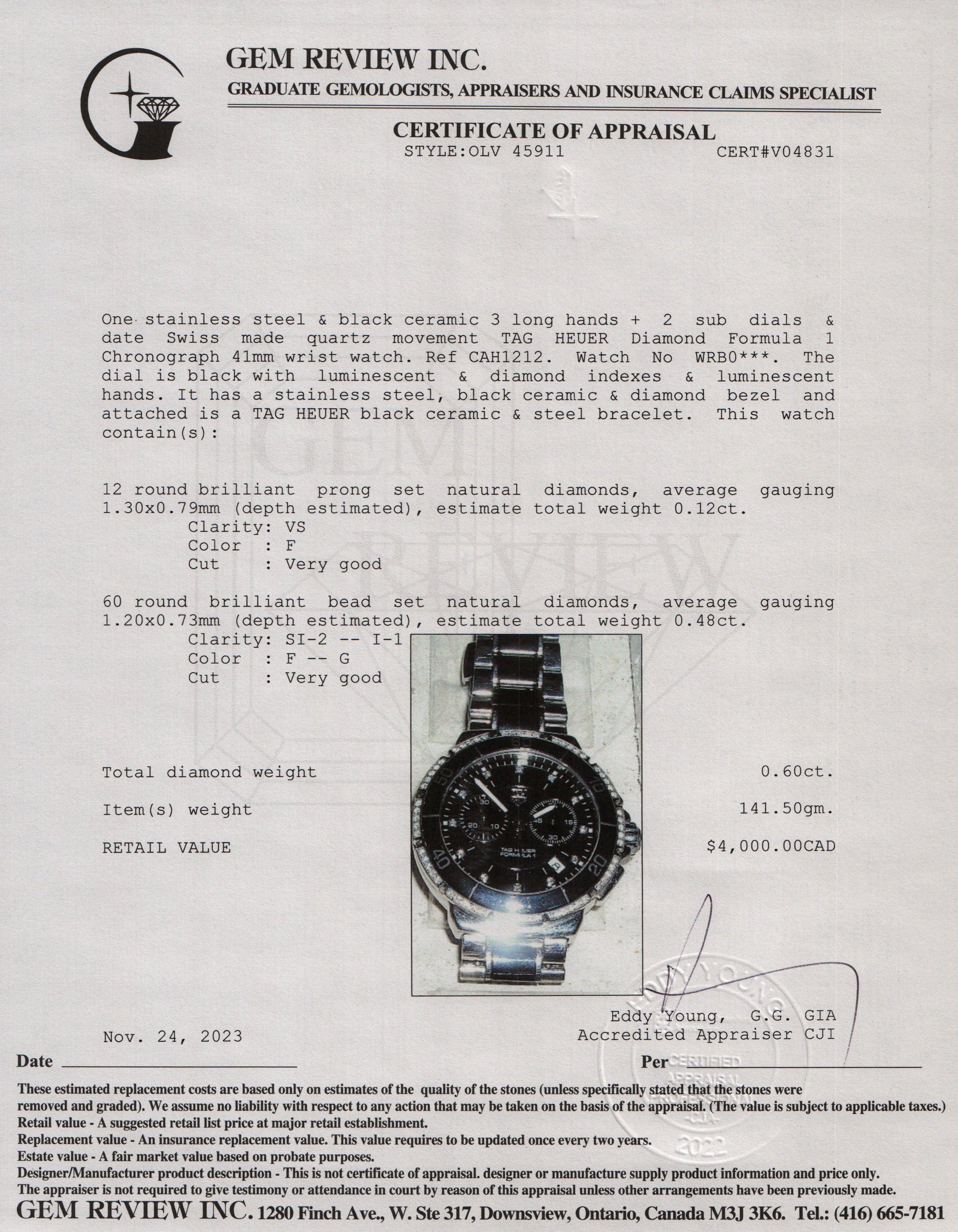 Tag Heuer Stainless Steel & Black Ceramic Diamond Formula 1 41 MM Chronograph Quartz Watch
