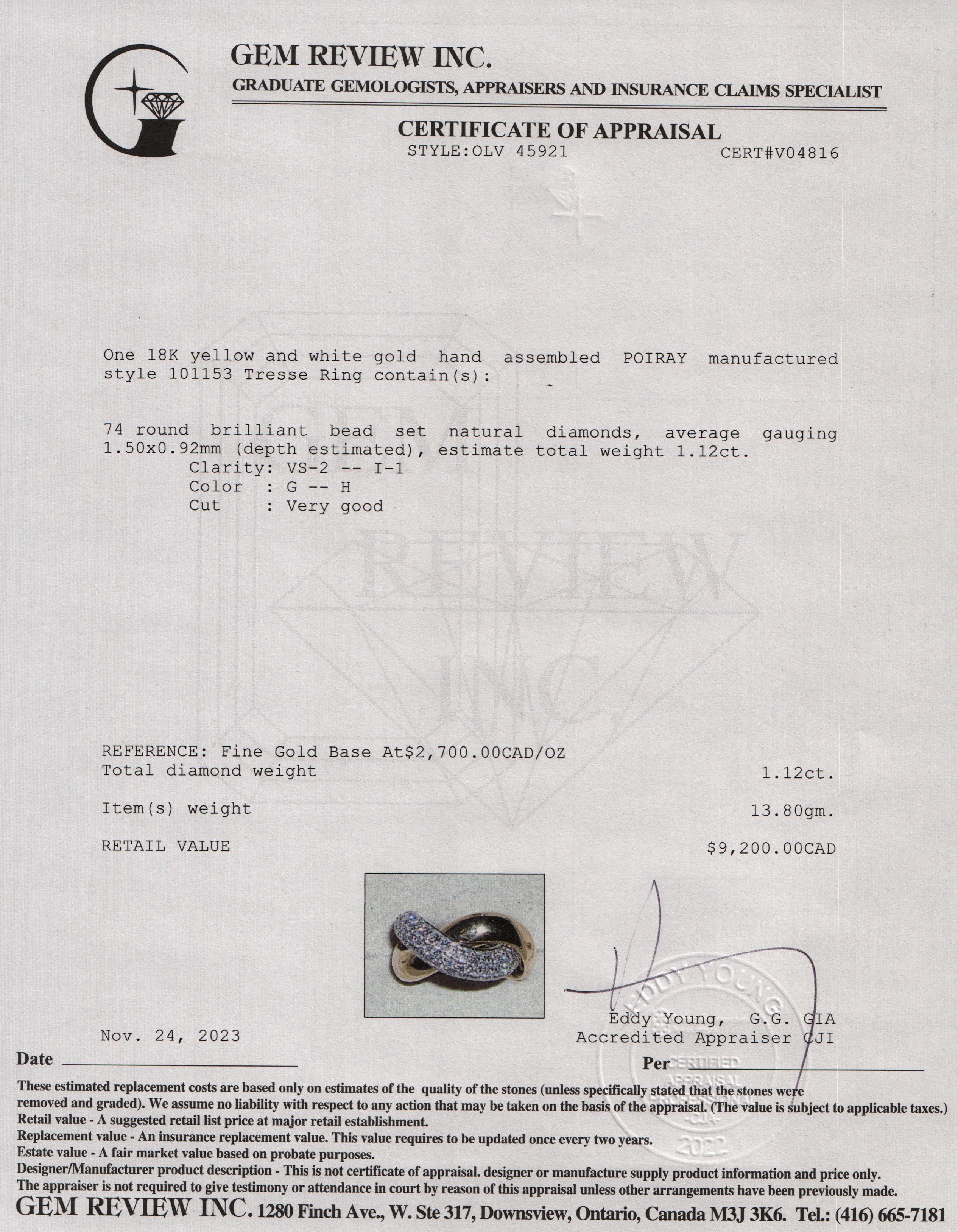 Poiray 18k Yellow & White Gold Diamond Tresse Ring, Size 6.5