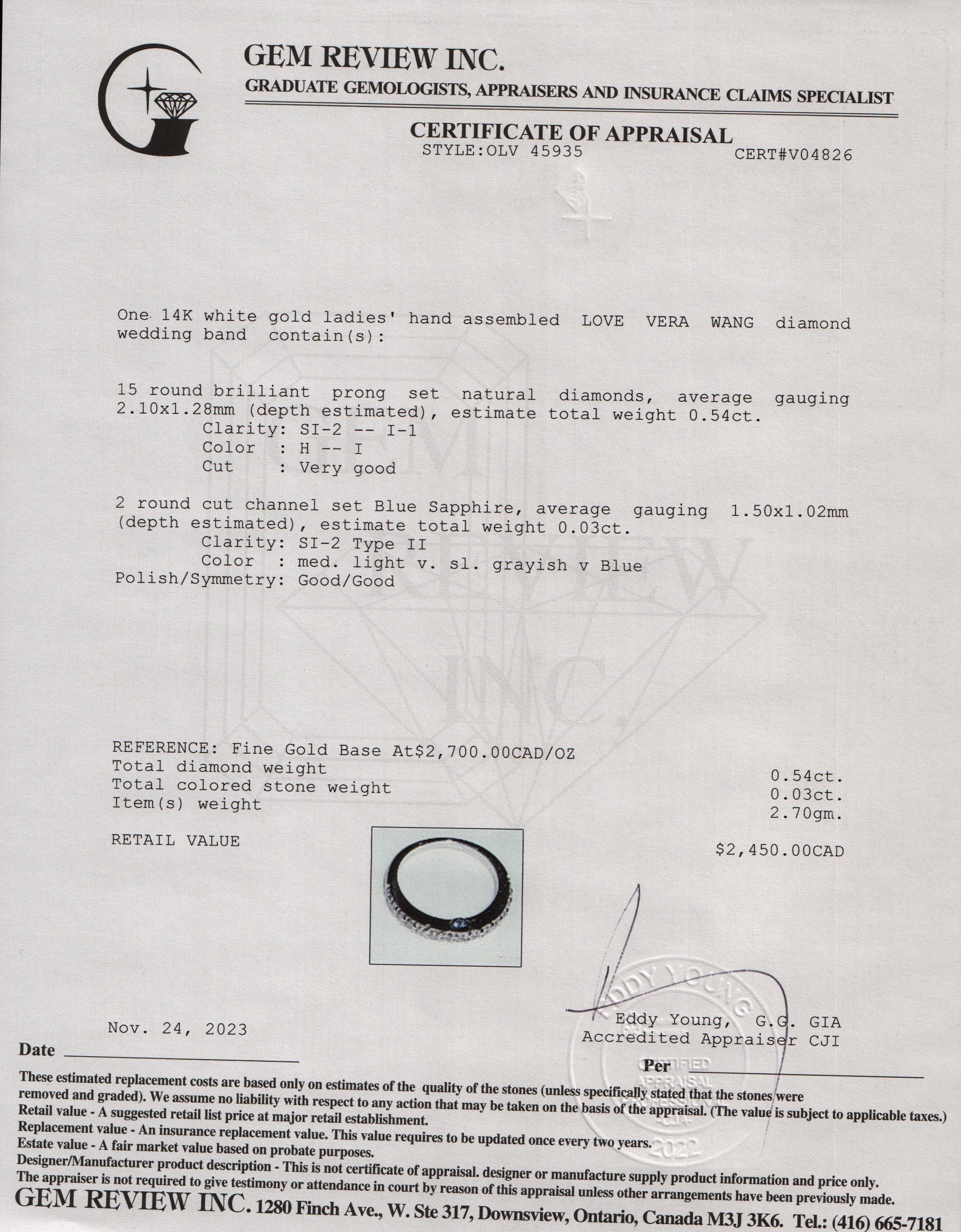 Vera Wang Love 14k White Gold Diamond Wedding Band Ring, Size 5.25