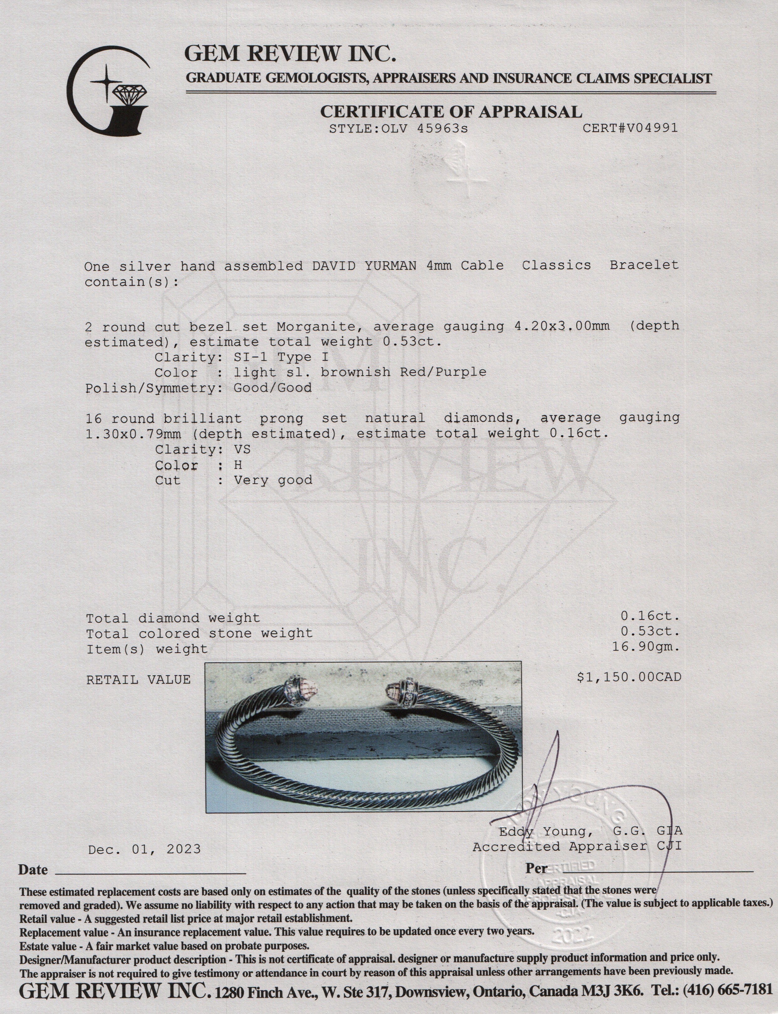 David Yurman Sterling Silver 4 MM Cable Classics Bracelet with Morganite & Diamonds