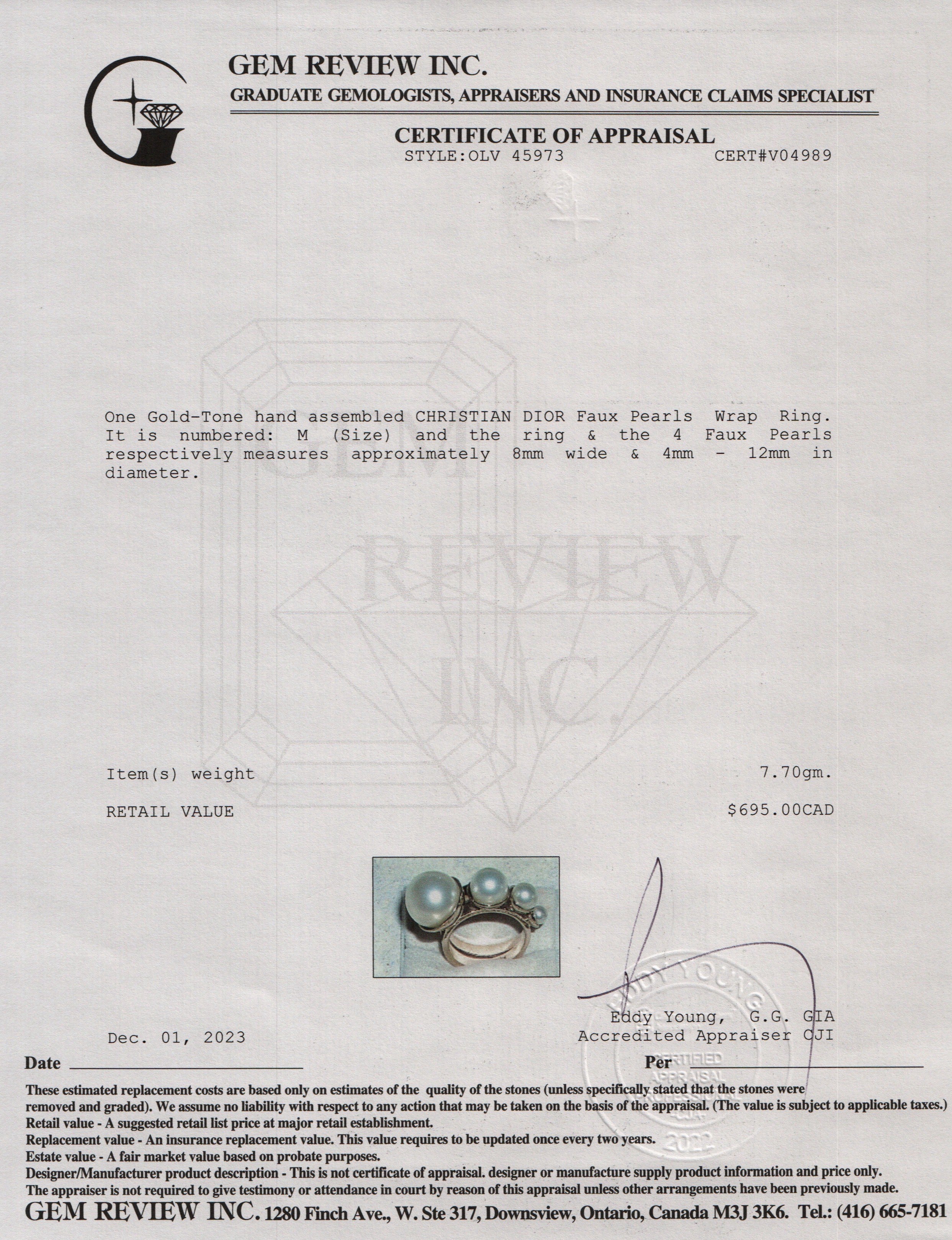 Christian Dior Gold Tone Metal Faux Pearl Wrap Ring, M Size 6