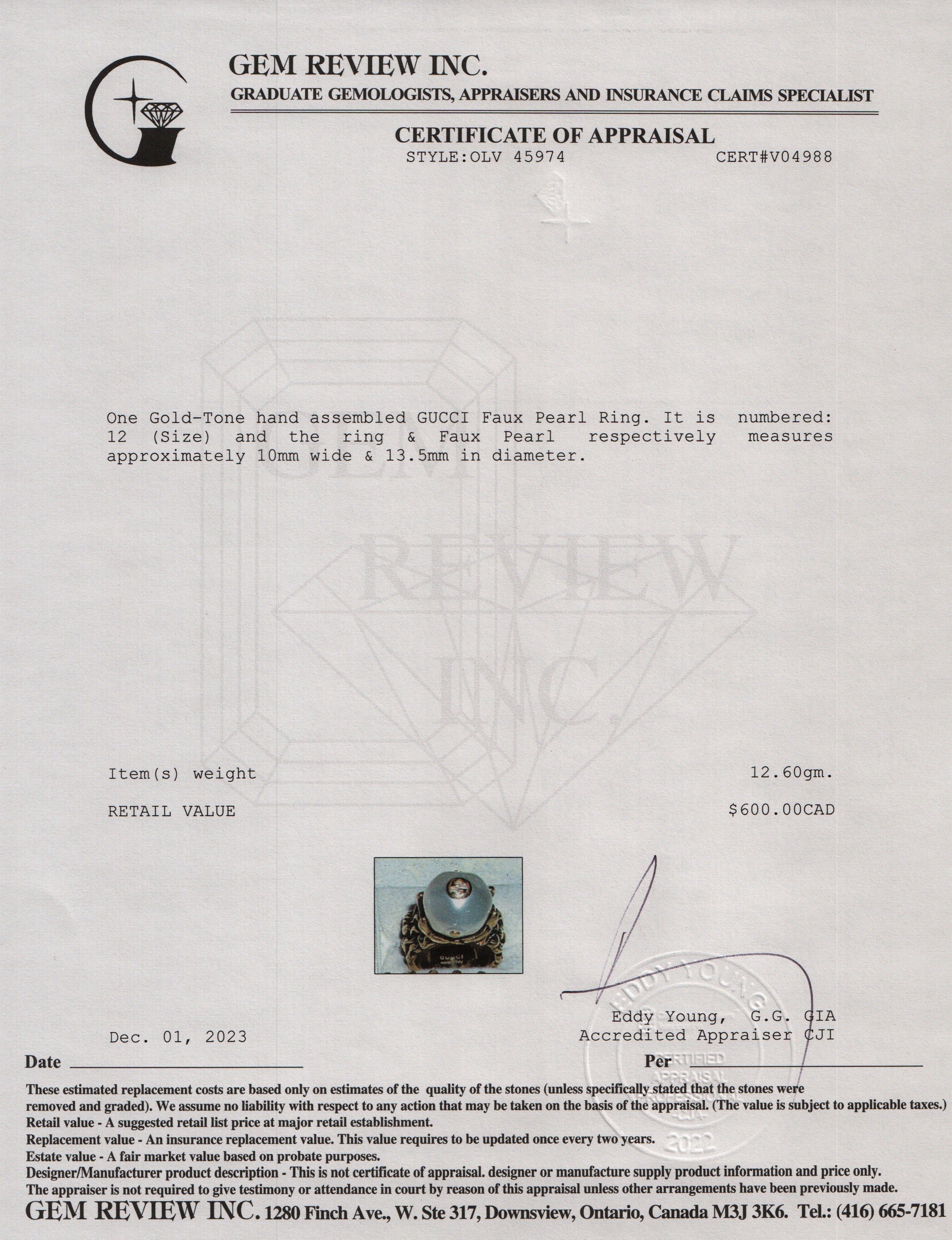 Gucci Gold Tone Metal Faux Pearl Ring, Size 12 6.5