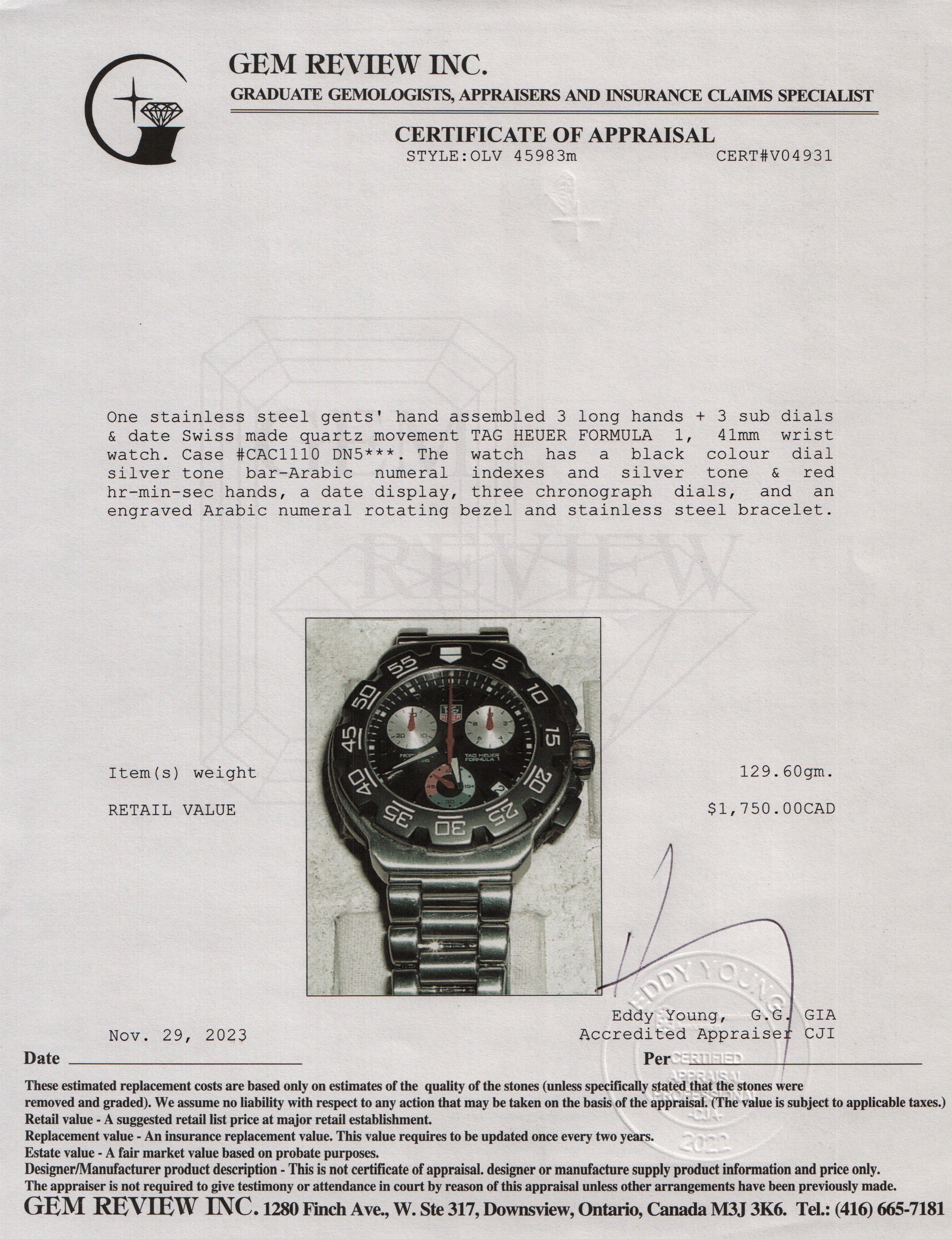 Tag Heuer Stainless Steel Formula 1 41MM Chronograph Quartz Watch w/ Box