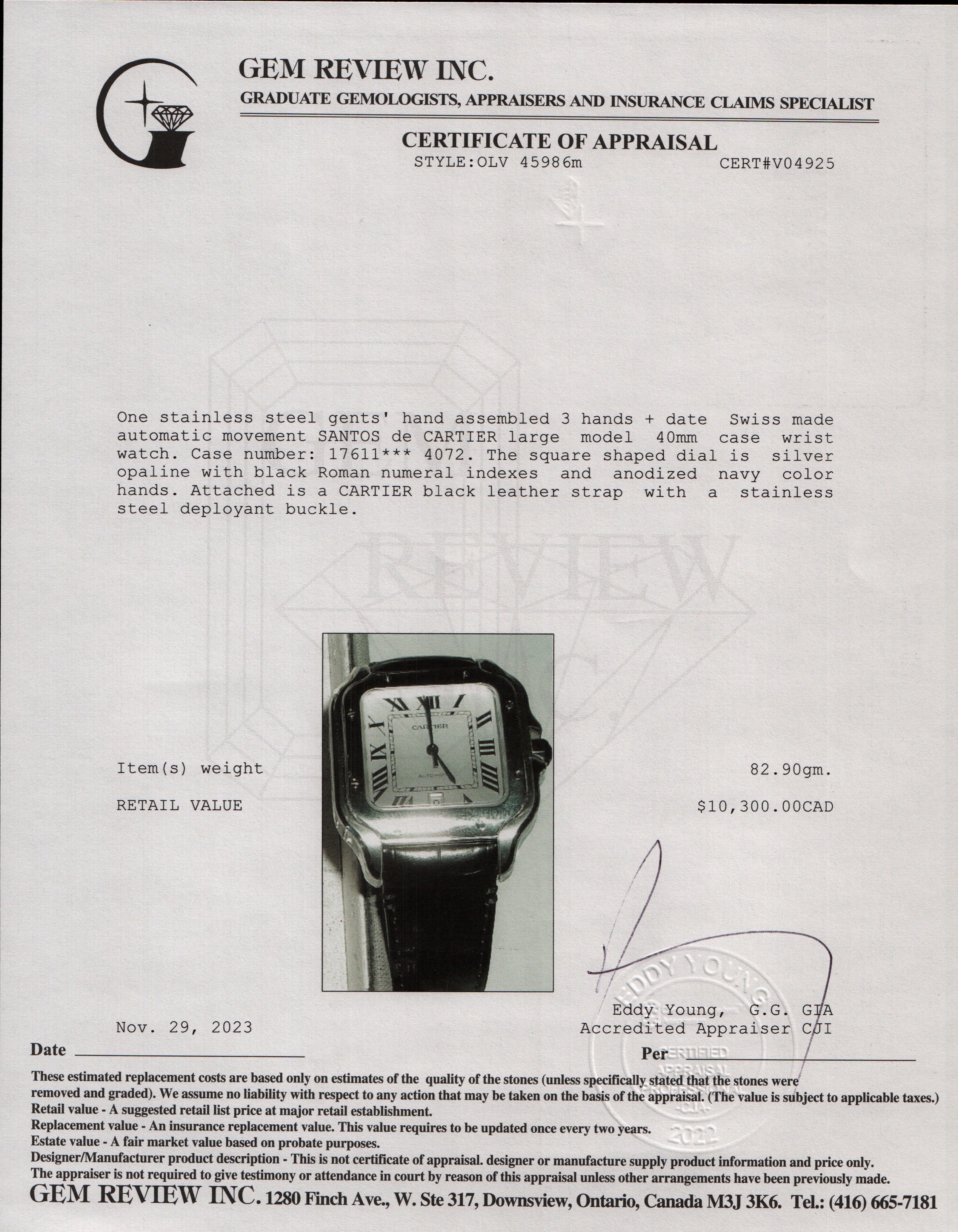 Cartier Stainless Steel Santos de Cartier Watch, Large Model w/ Box, Papers & Extra Straps