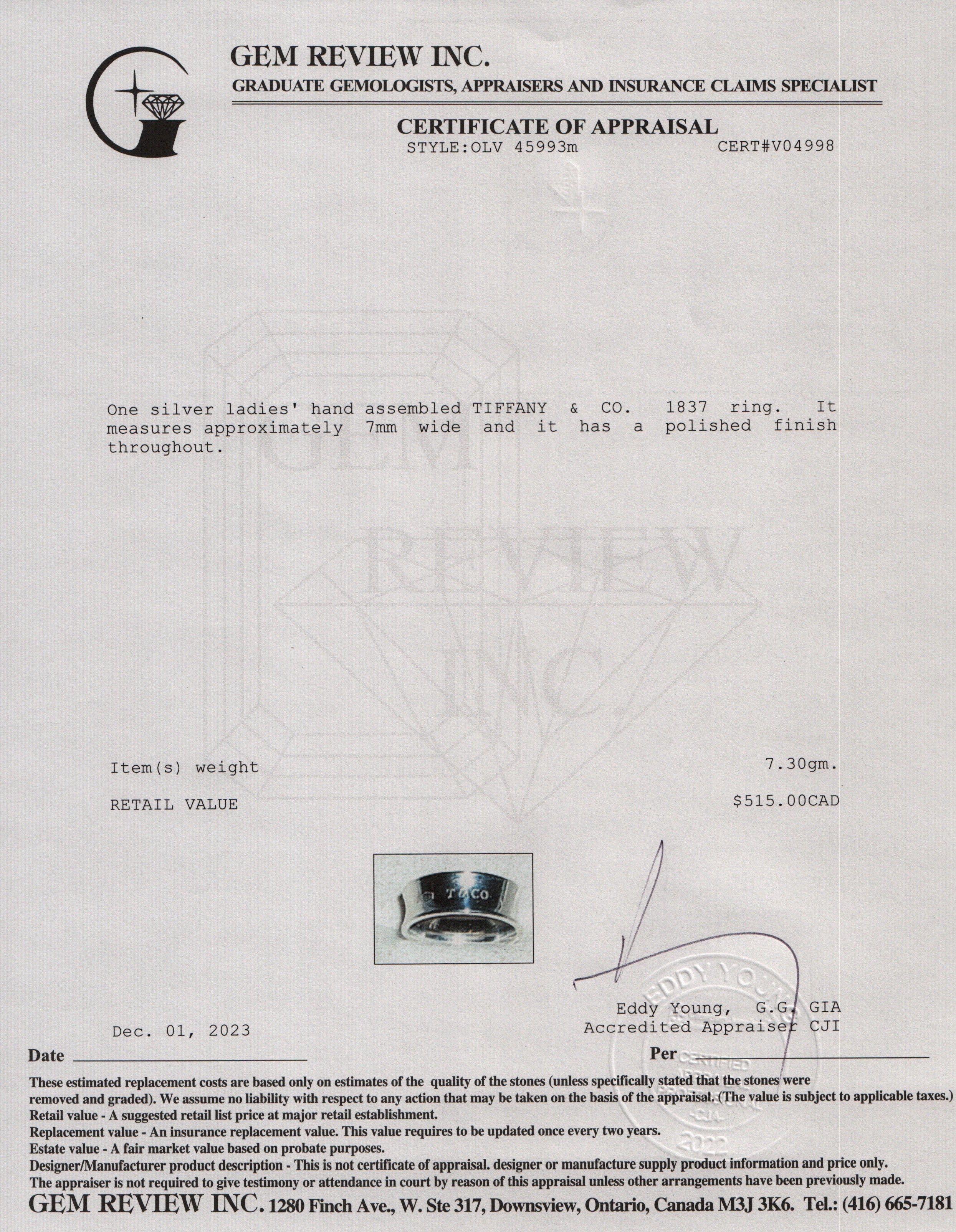 Tiffany & Co. Sterling Silver 1837 Ring, Size 6