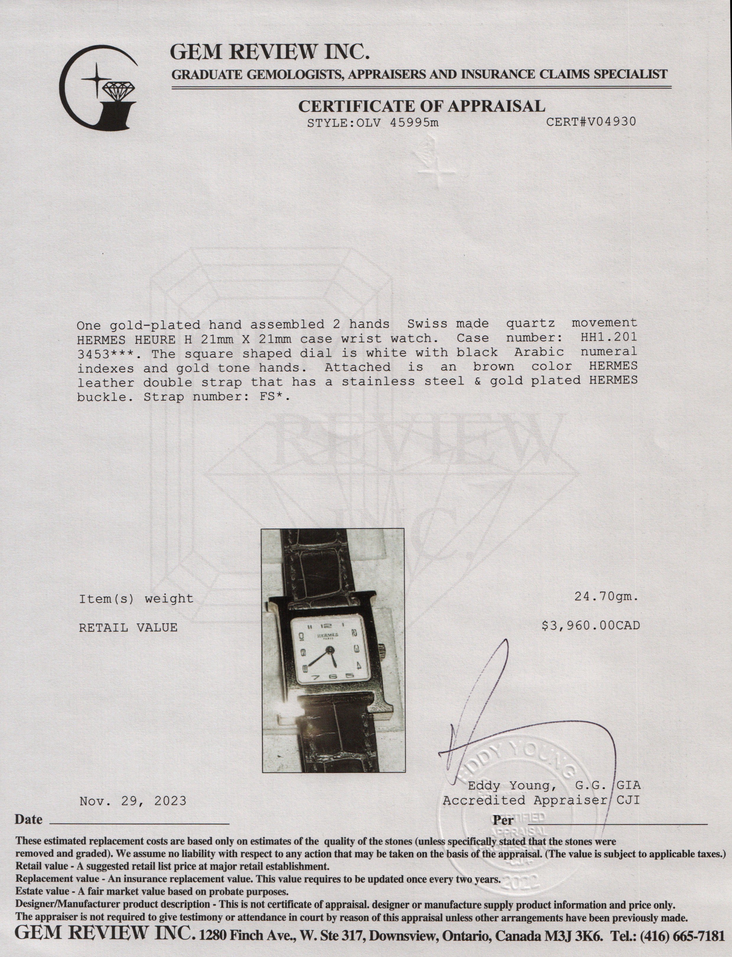 Hermes Gold Plated Stainless Steel Heure H Mini Model 21 MM Watch w/ Box