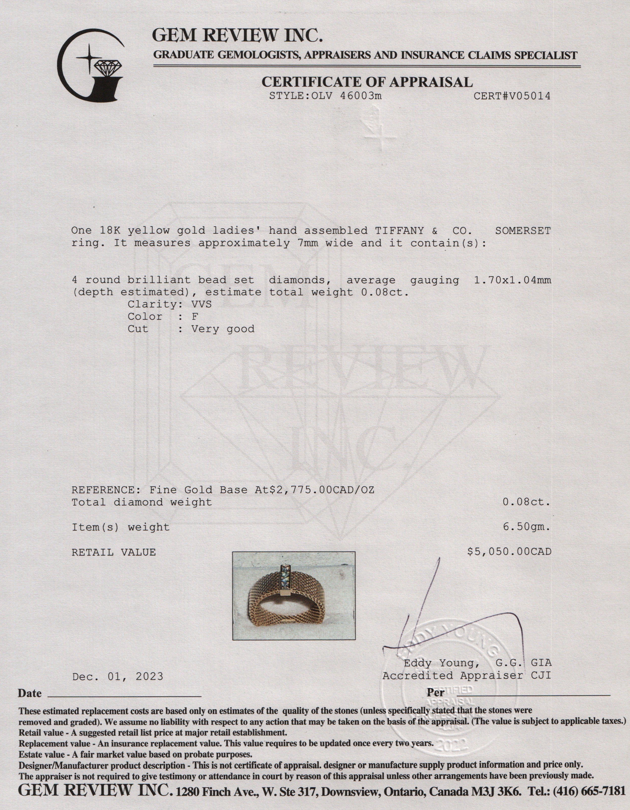 Tiffany & Co. 18k Yellow Gold Diamond Somerset Ring, Size 6.5