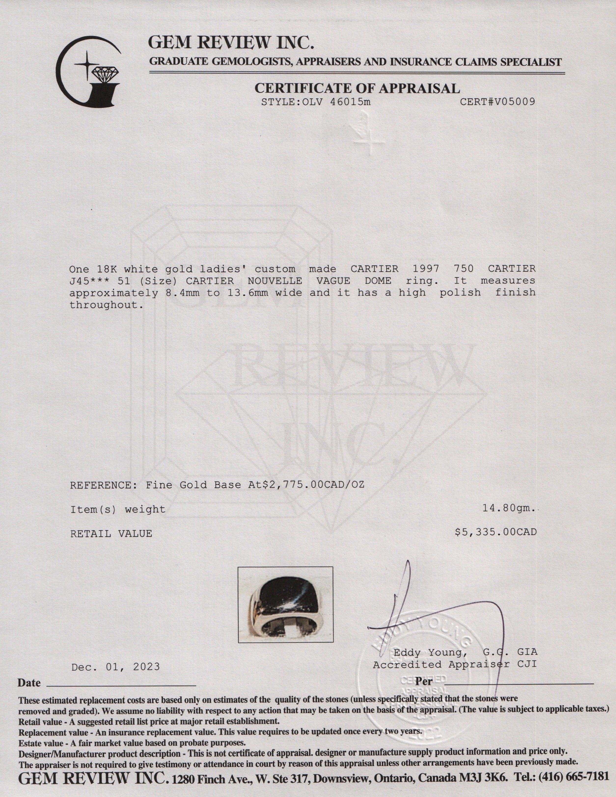 Cartier Vintage Paris 18k White Gold Nouvelle Vague Dome Ring, Size 51 5.75