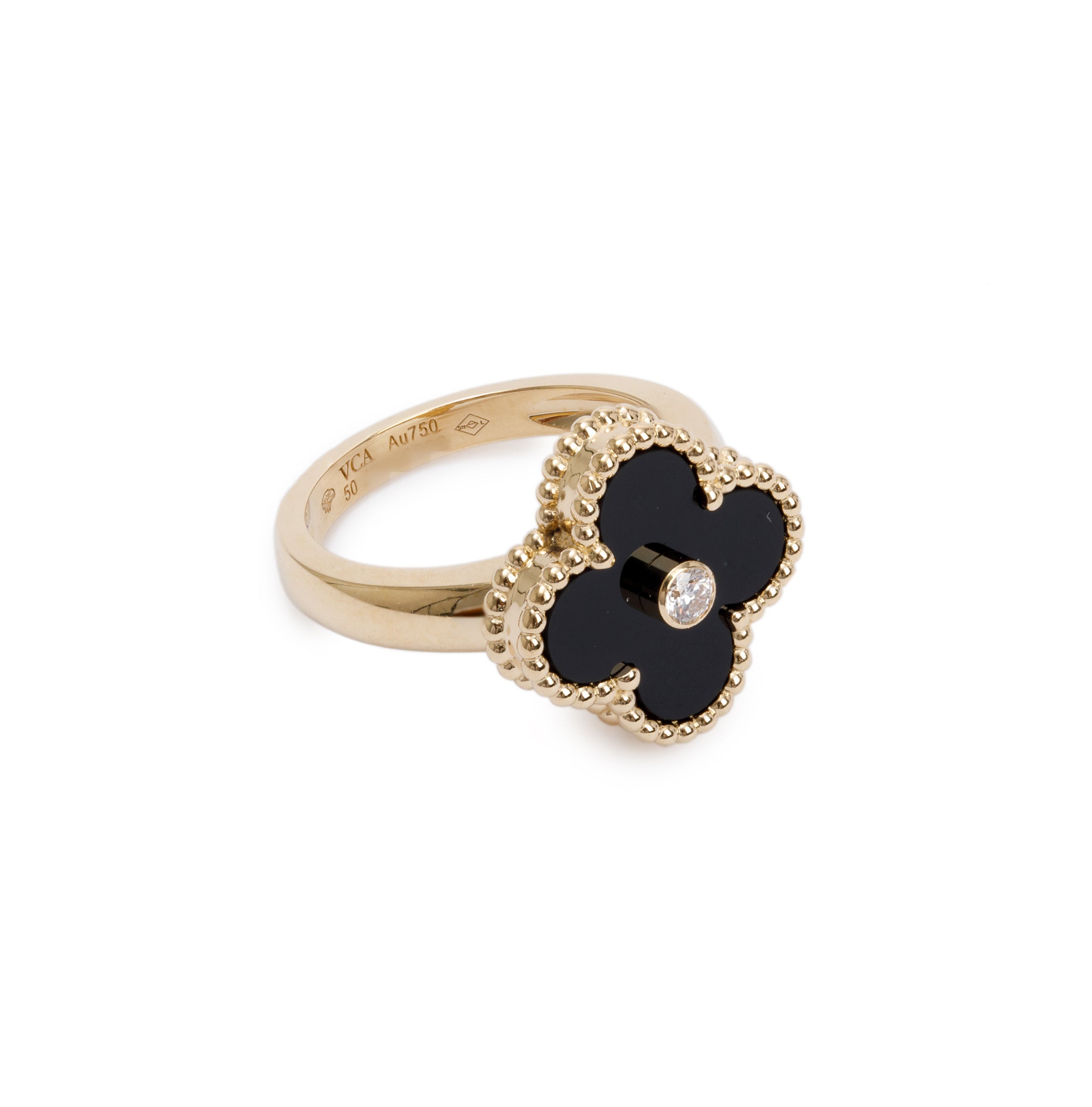 Van Cleef & Arpels 18k Yellow Gold Onyx & Diamond Vintage Alhambra Ring, Size 50 5.25 w/ Box, Certificate & Receipt