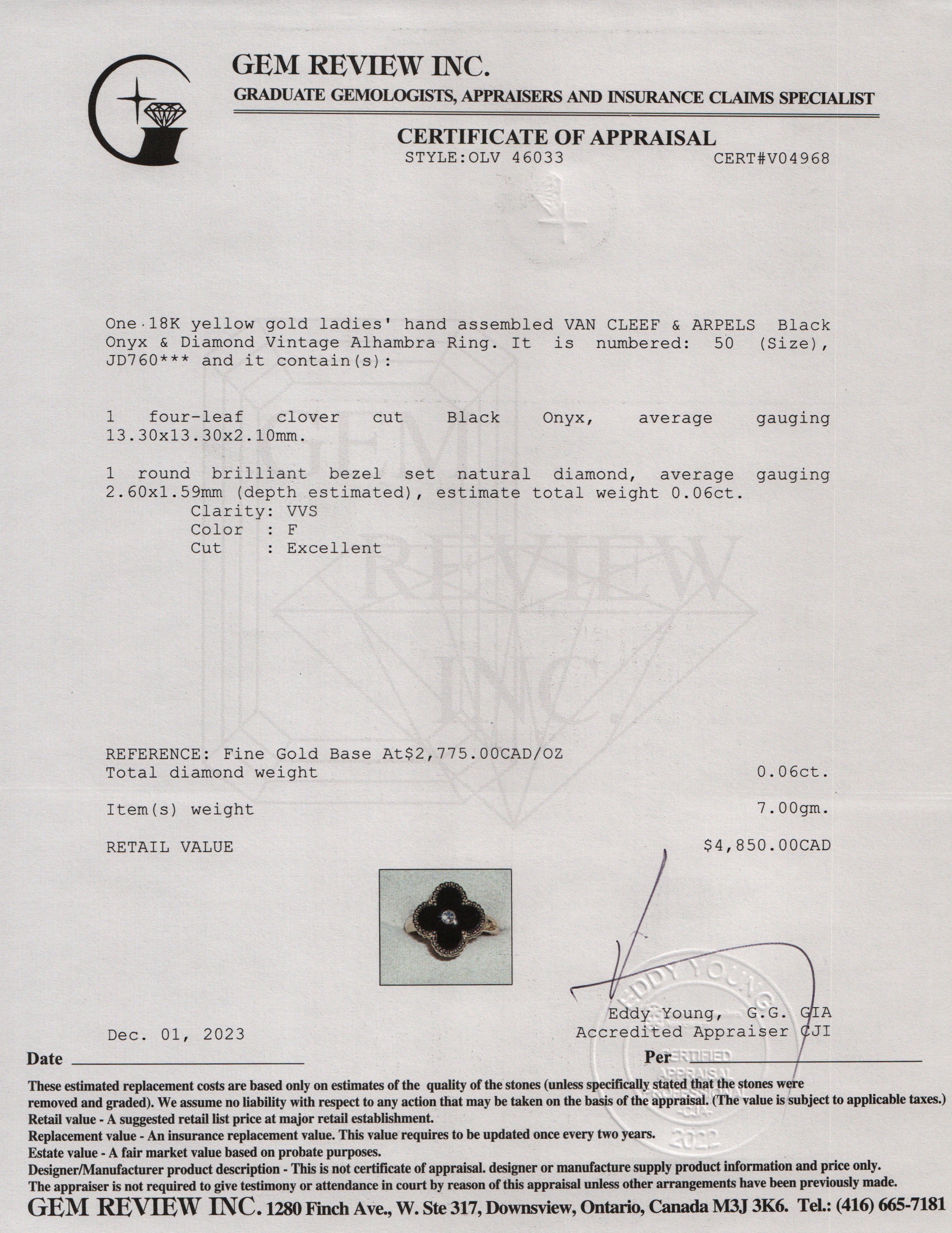 Van Cleef & Arpels 18k Yellow Gold Onyx & Diamond Vintage Alhambra Ring, Size 50 5.25 w/ Box, Certificate & Receipt