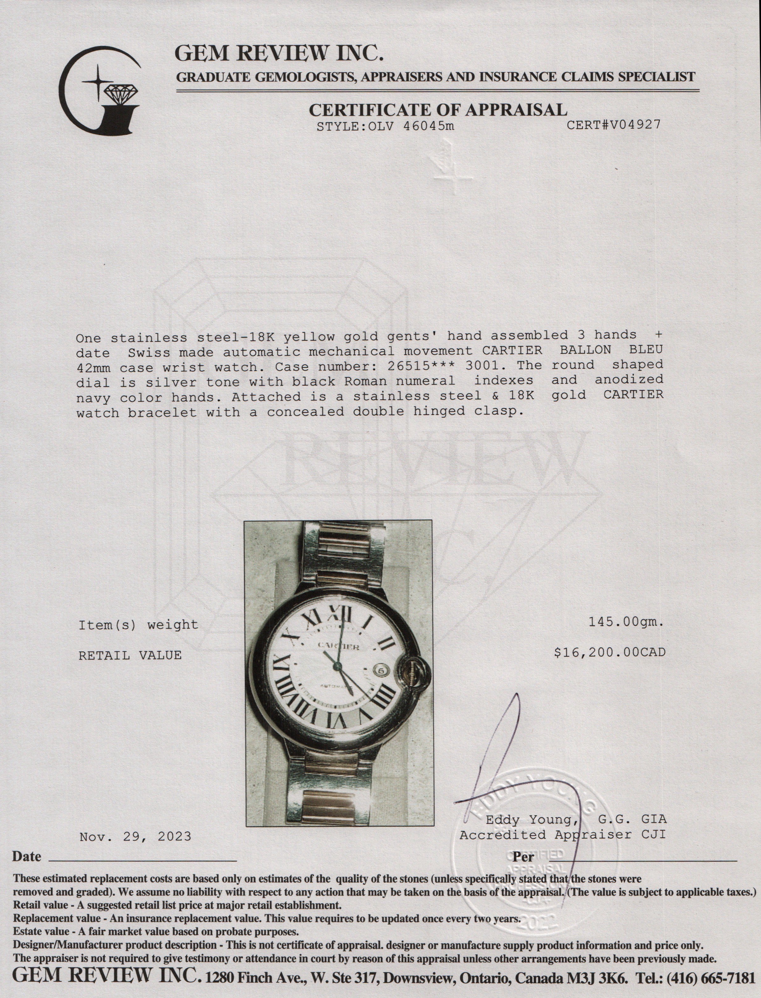 Cartier Stainless Steel & 18k Yellow Gold Ballon Bleu de Cartier 42MM Automatic Watch w/ Box & Papers