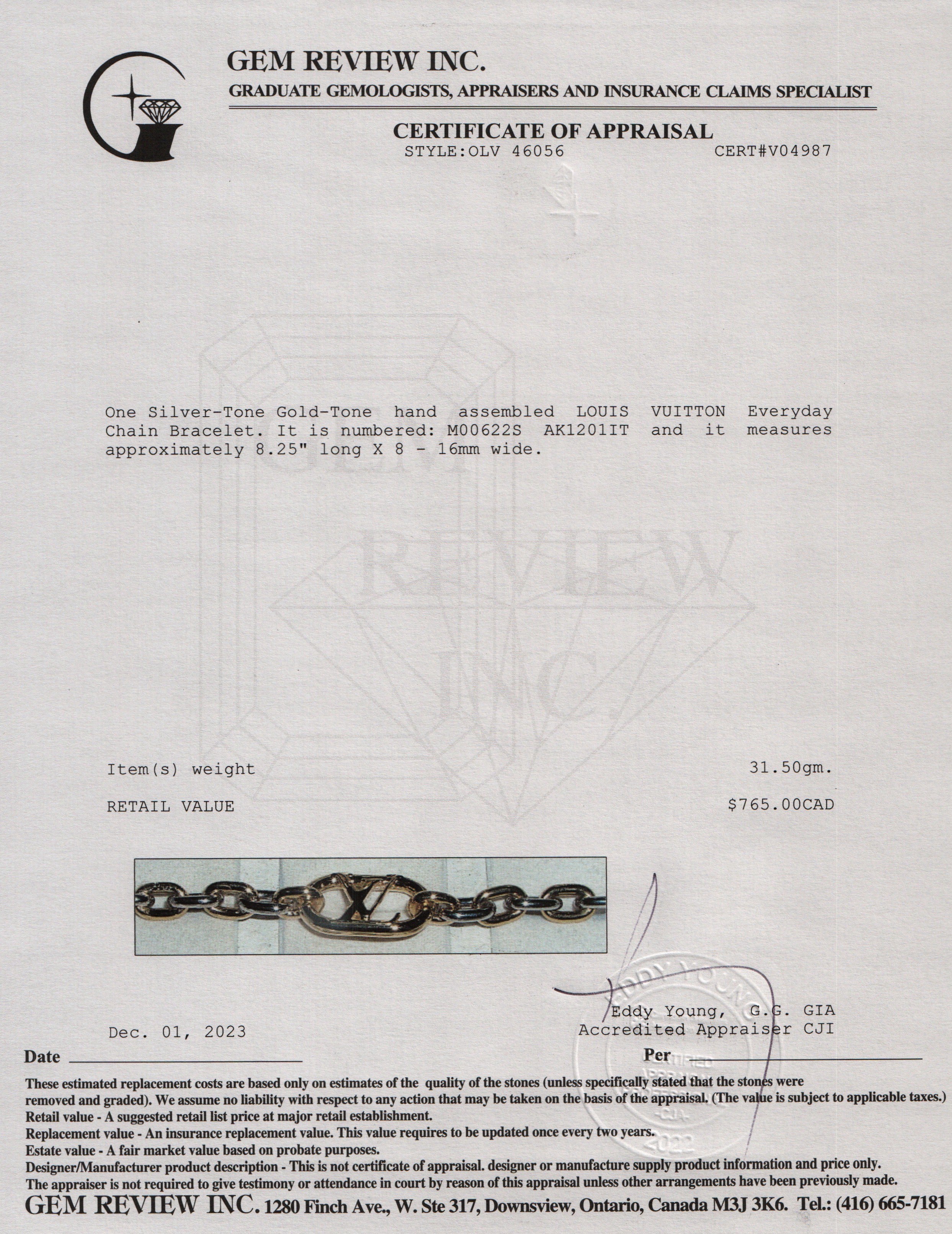 Louis Vuitton Gold & Silver-Tone Metal Everyday Chain Bracelet, Size M w/ Receipt