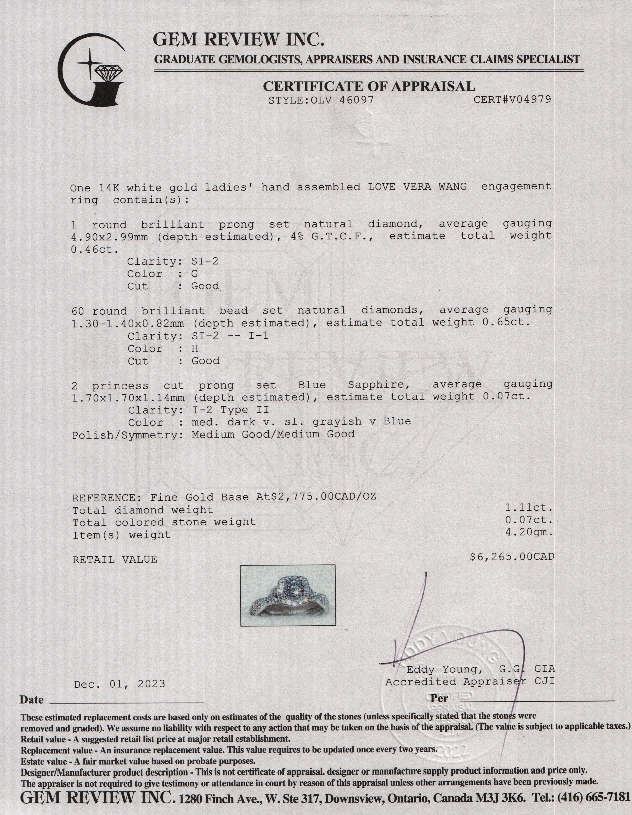 Vera Wang 14k White Gold Love Diamond Engagement Ring, Size 6.5