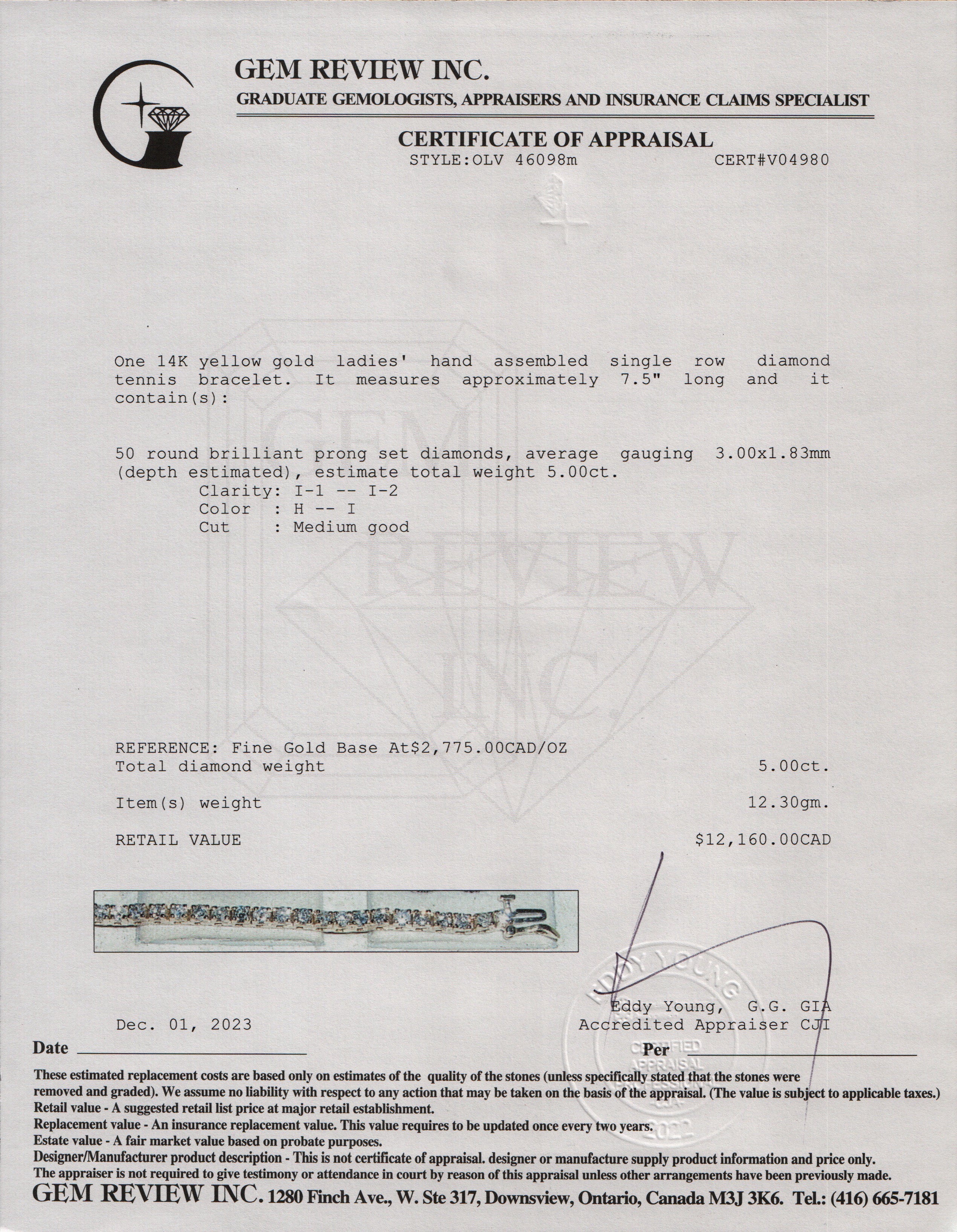 14k Yellow Gold 5.00 tcw Diamond Tennis Bracelet