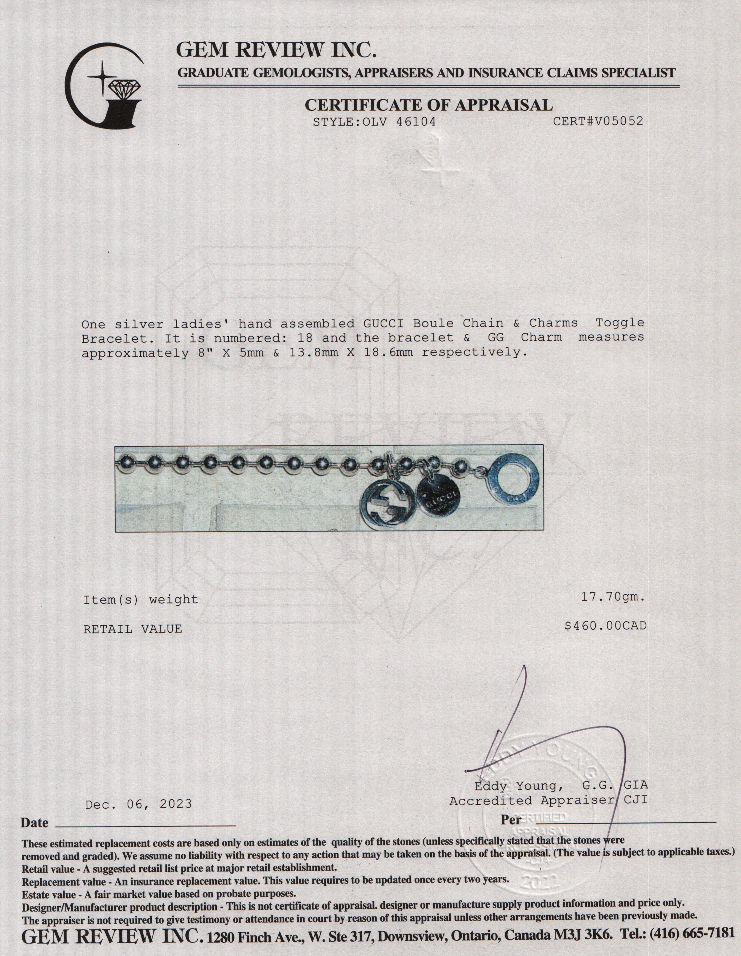 Gucci Sterling Silver Boule Chain & Charms Toggle Bracelet