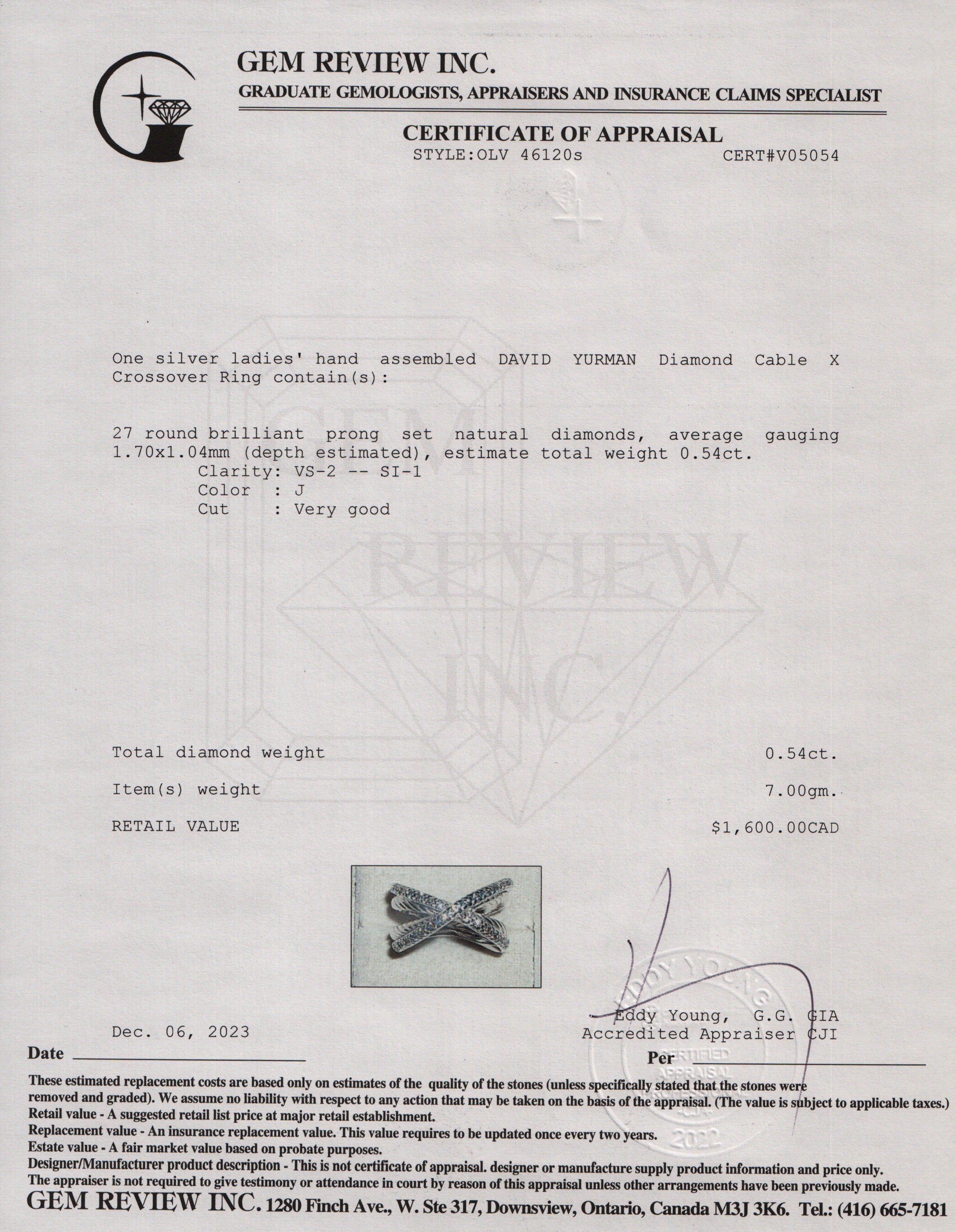 David Yurman Sterling Silver Diamond Cable 'X' Crossover Ring, Size 6.75