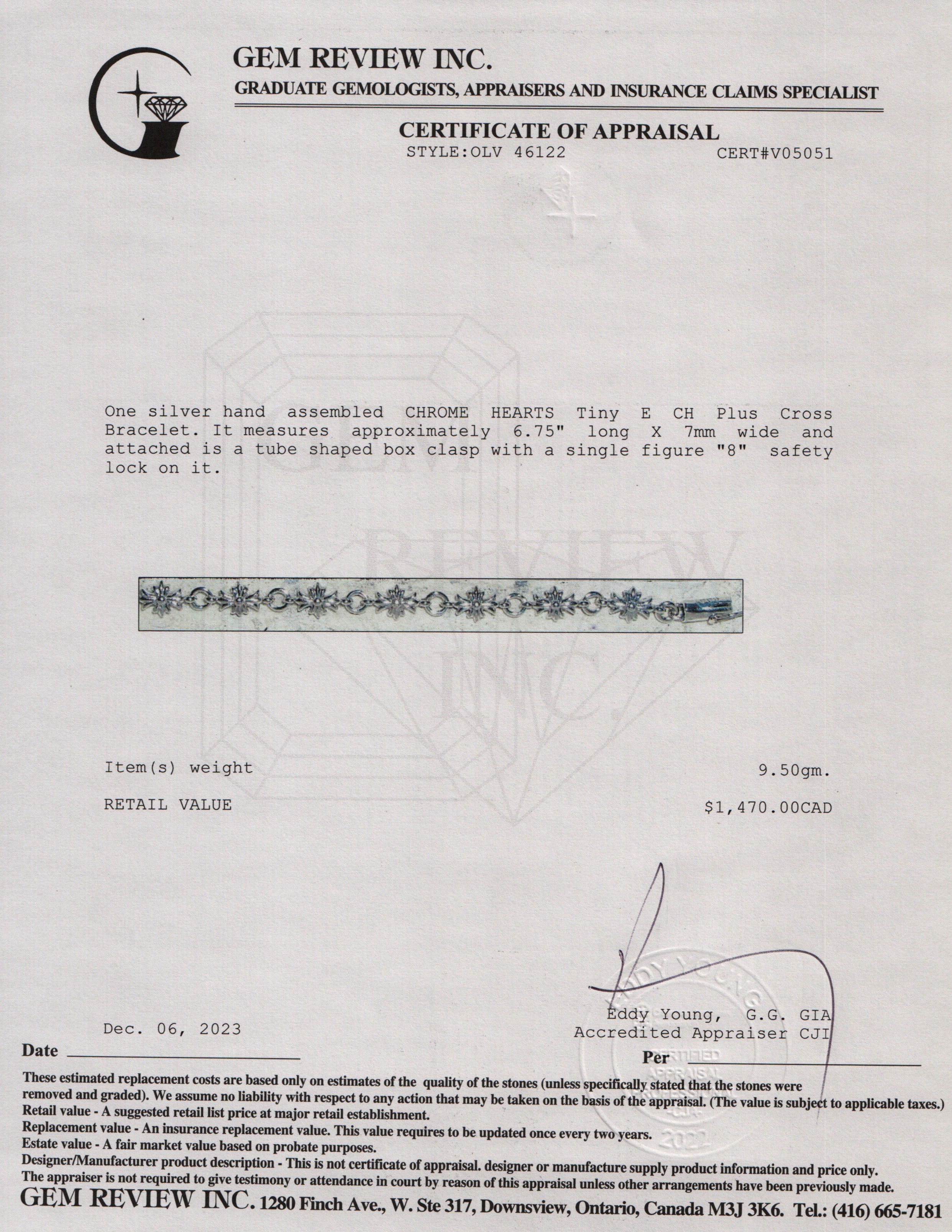 Chrome Hearts Sterling Silver Tiny E CH Plus Cross Bracelet