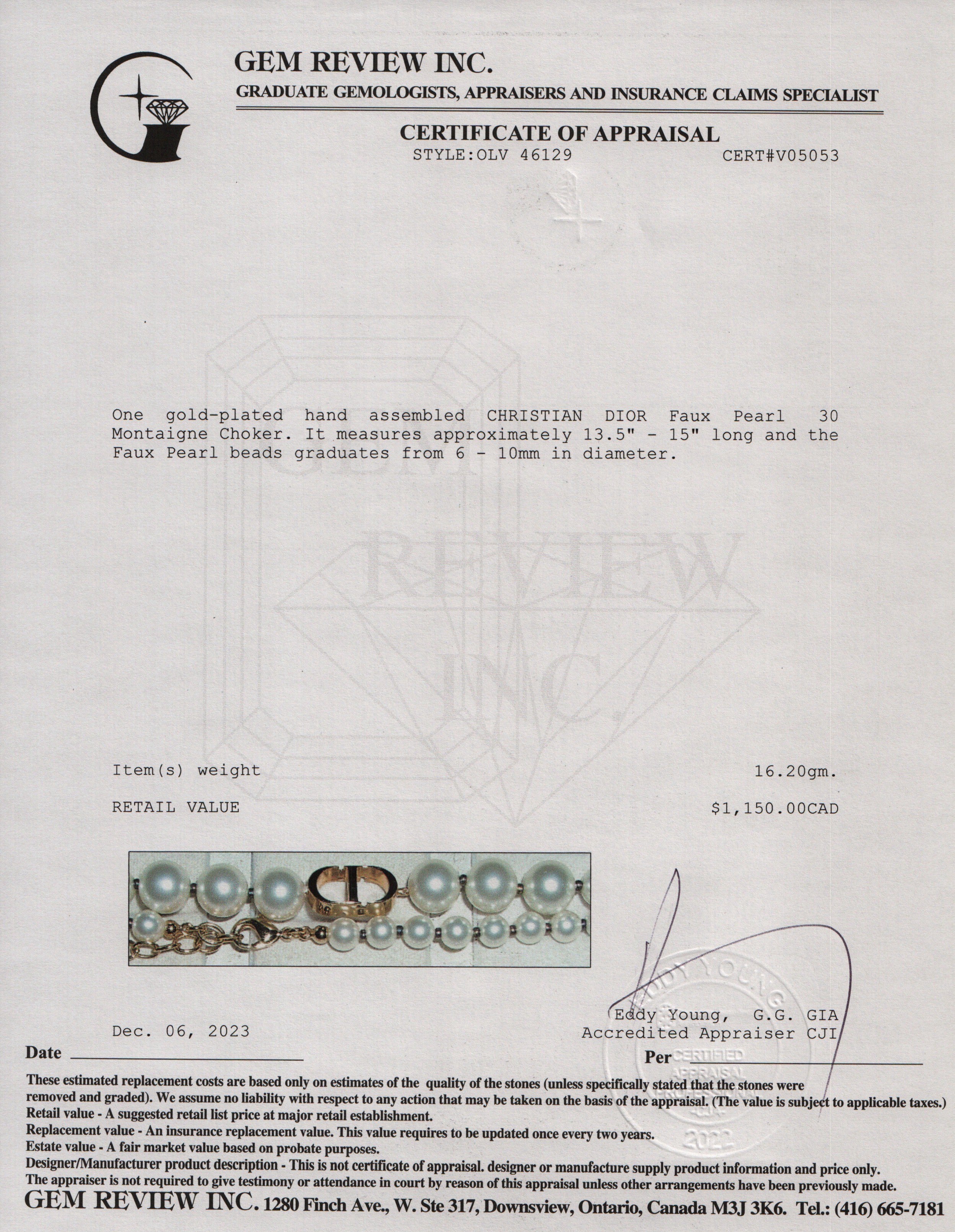 Christian Dior Gold Plated Faux Pearl 30 Montaigne Choker Necklace